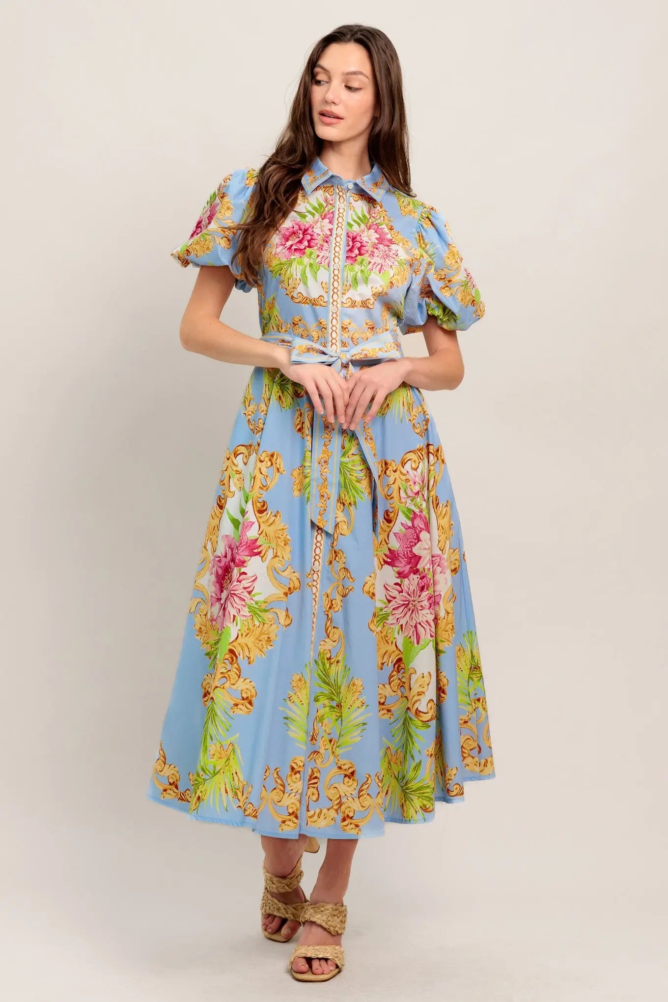 Blue Palace Printed Woven Midi Dress With Collar Button Down Self Sash Tie Flying Tomato