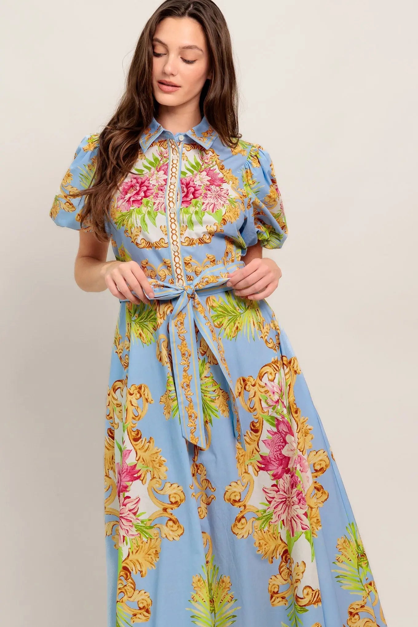 Blue Palace Printed Woven Midi Dress With Collar Button Down Self Sash Tie Flying Tomato