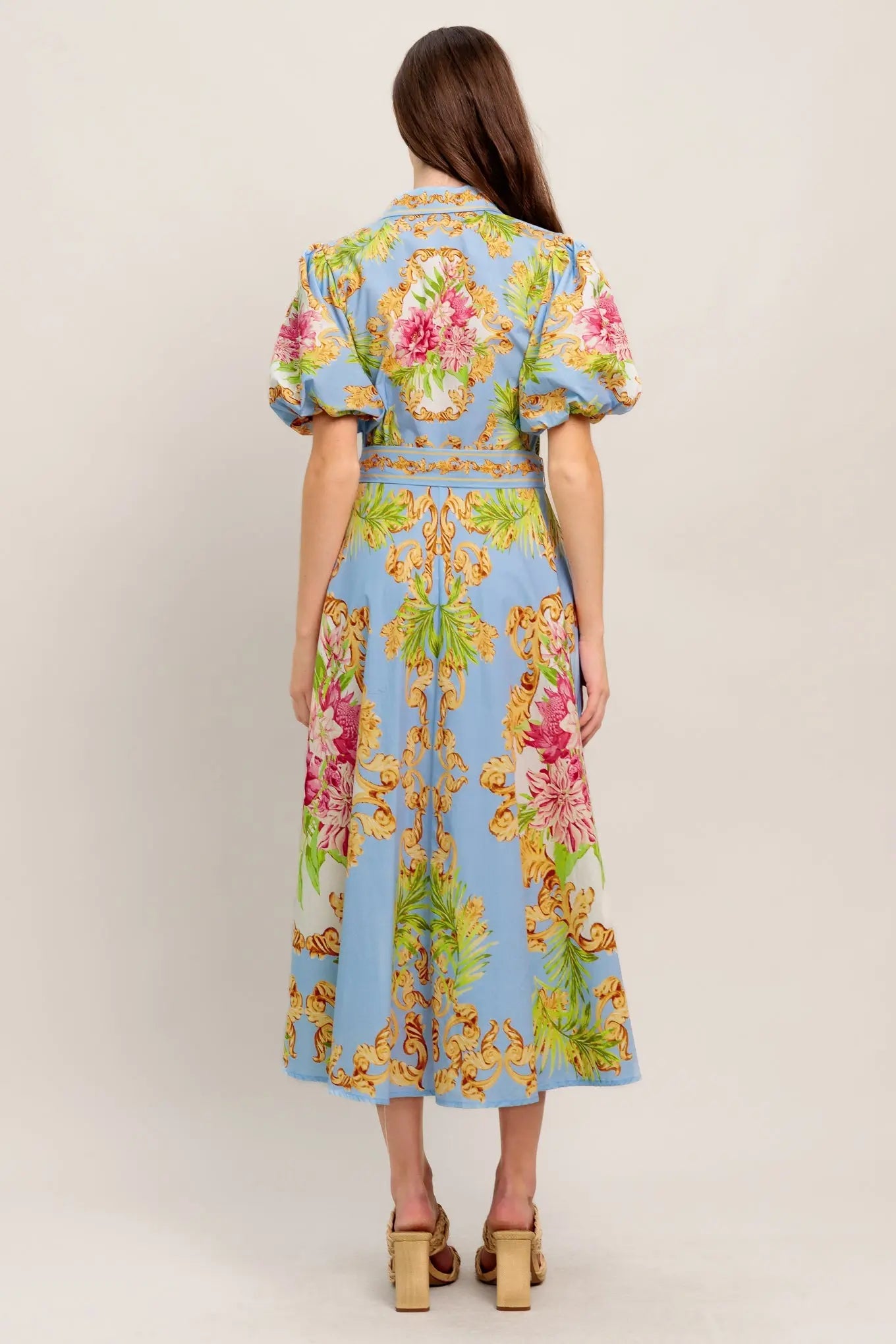 Blue Palace Printed Woven Midi Dress With Collar Button Down Self Sash Tie Flying Tomato