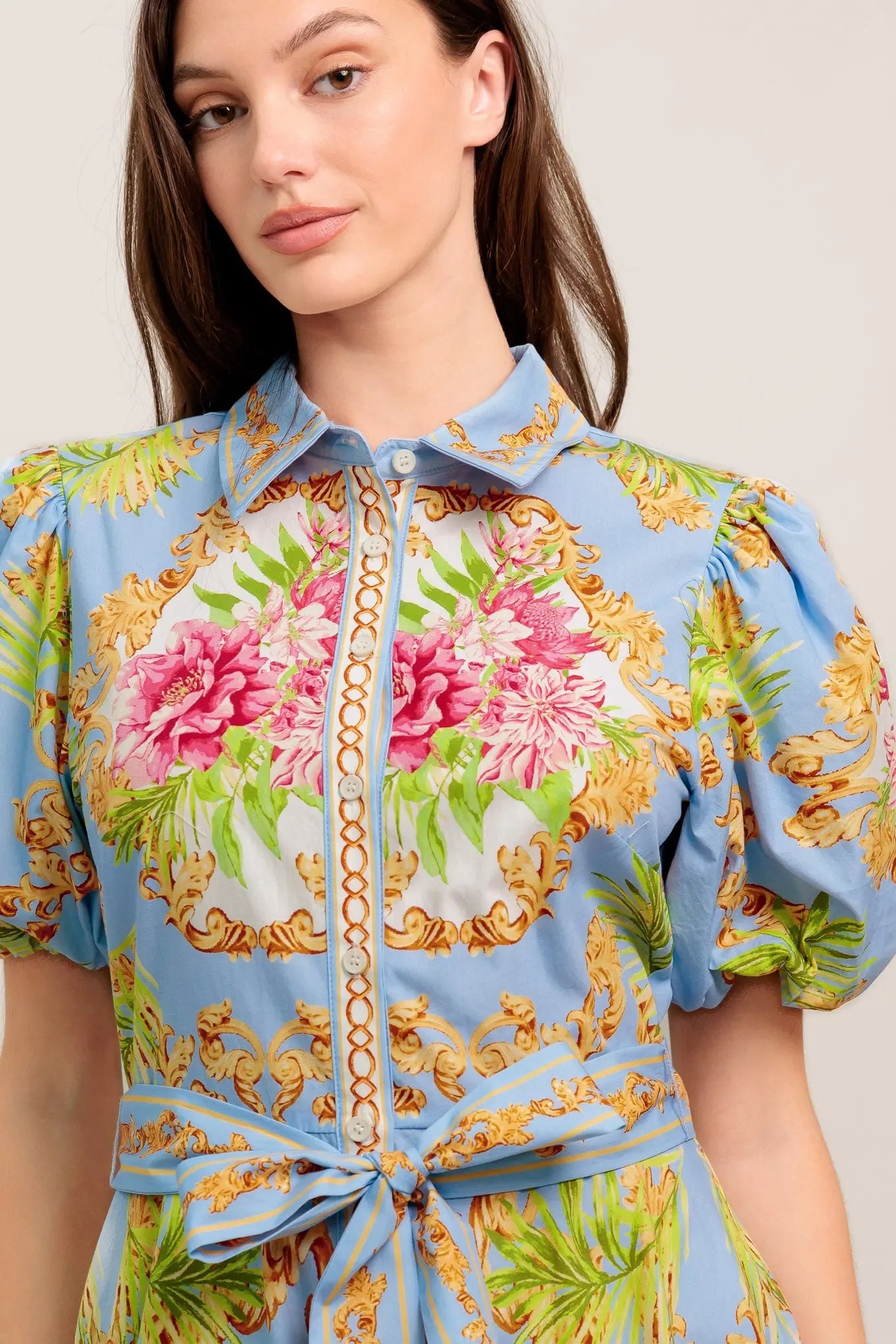 Blue Palace Printed Woven Midi Dress With Collar Button Down Self Sash Tie Flying Tomato