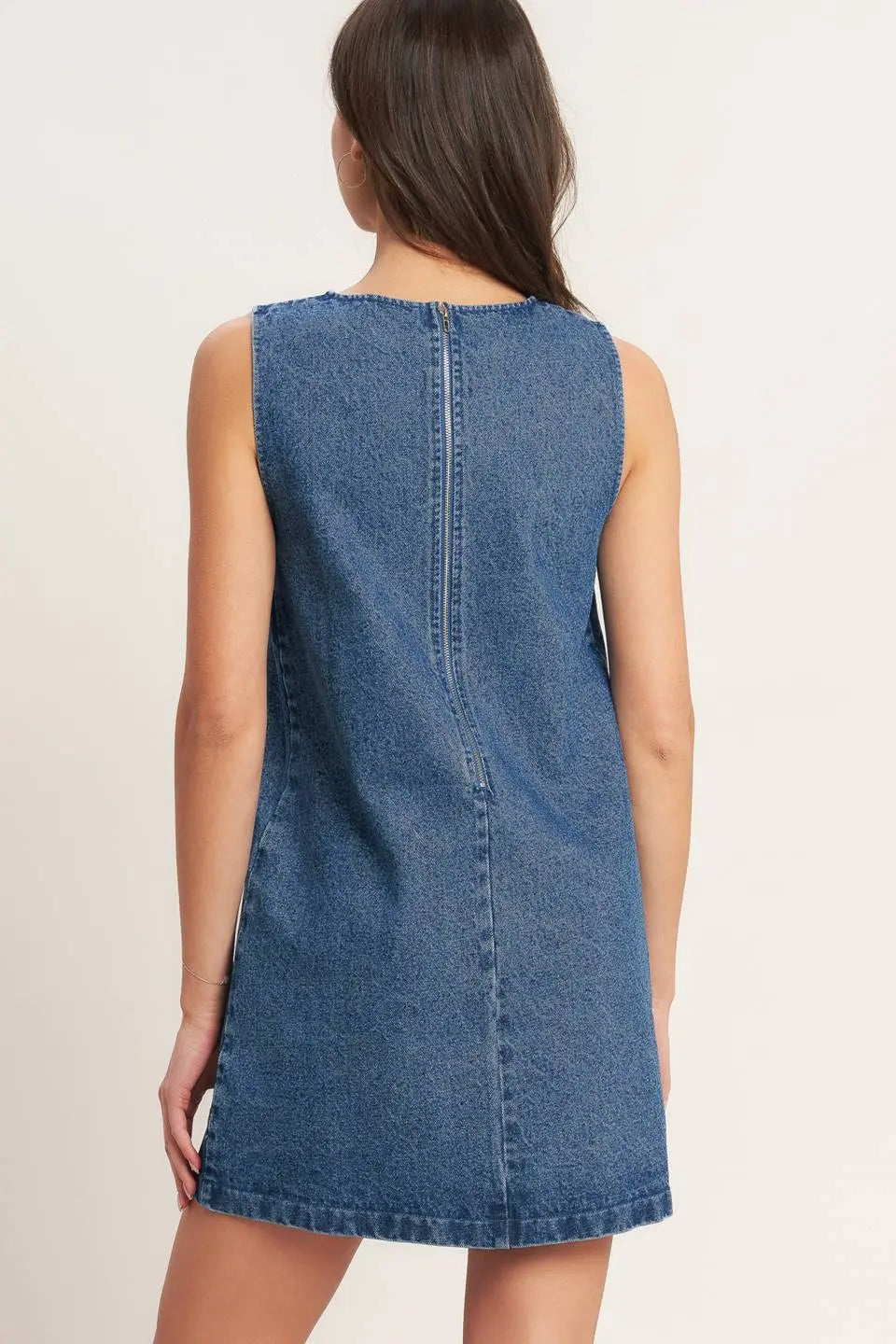 Artisan Inspired Washed Denim Mini Shift Dress Embroidered Hem Back Zipper Flying Tomato