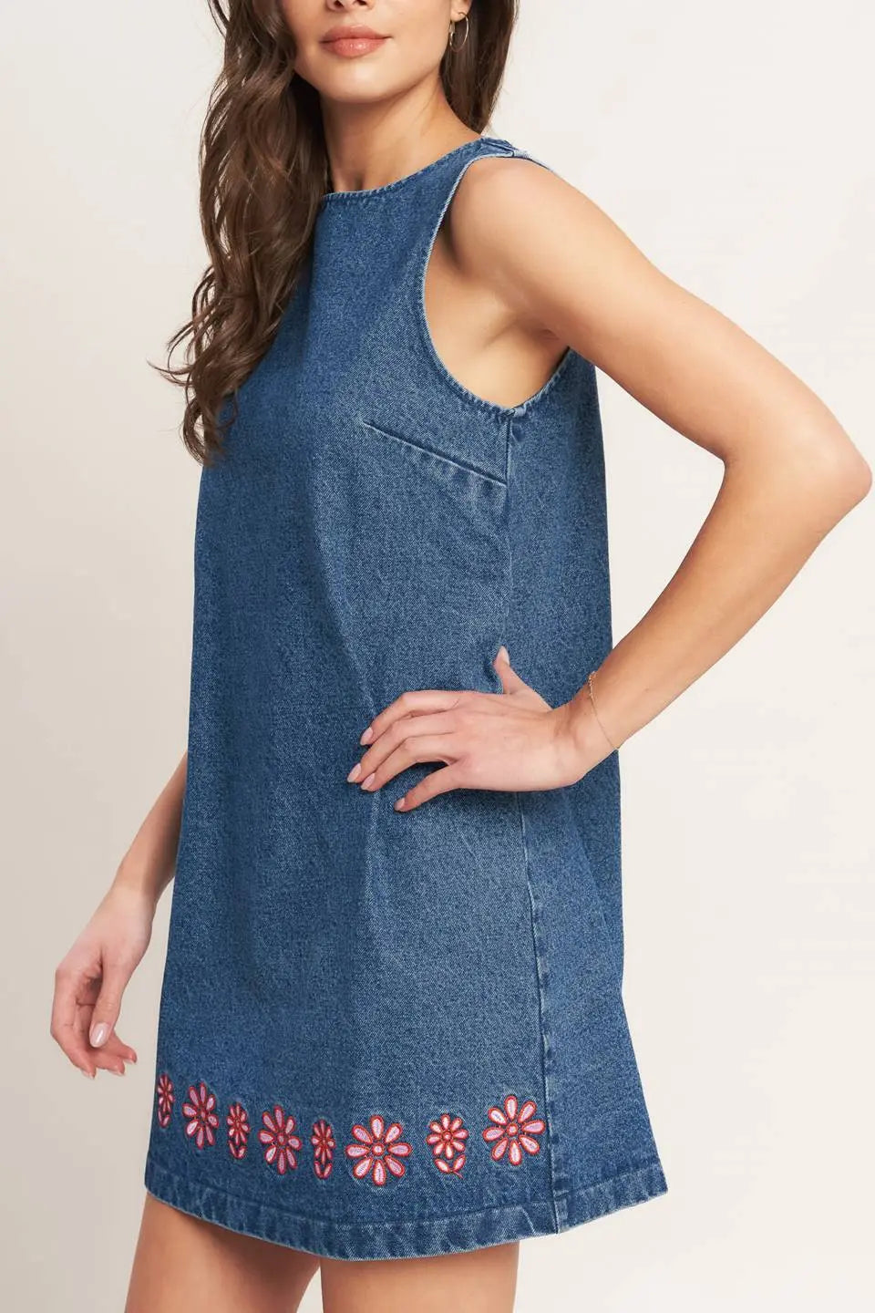 Artisan Inspired Washed Denim Mini Shift Dress Embroidered Hem Back Zipper Flying Tomato