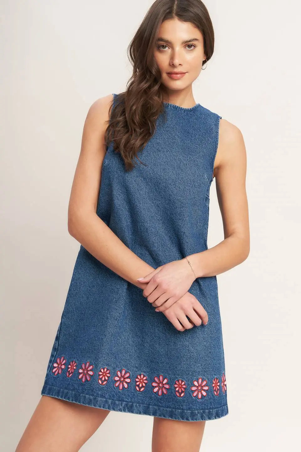 Artisan Inspired Washed Denim Mini Shift Dress Embroidered Hem Back Zipper Flying Tomato