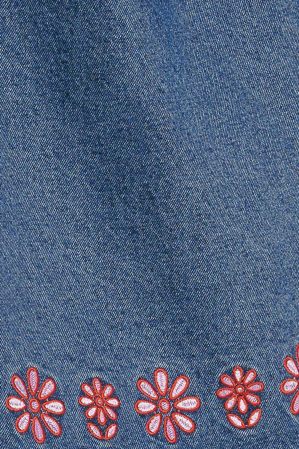 Artisan Inspired Washed Denim Mini Shift Dress Embroidered Hem Back Zipper Flying Tomato