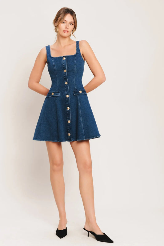 Urban Polish Denim Mini Dress With Square Neckline And Button Front Flying Tomato