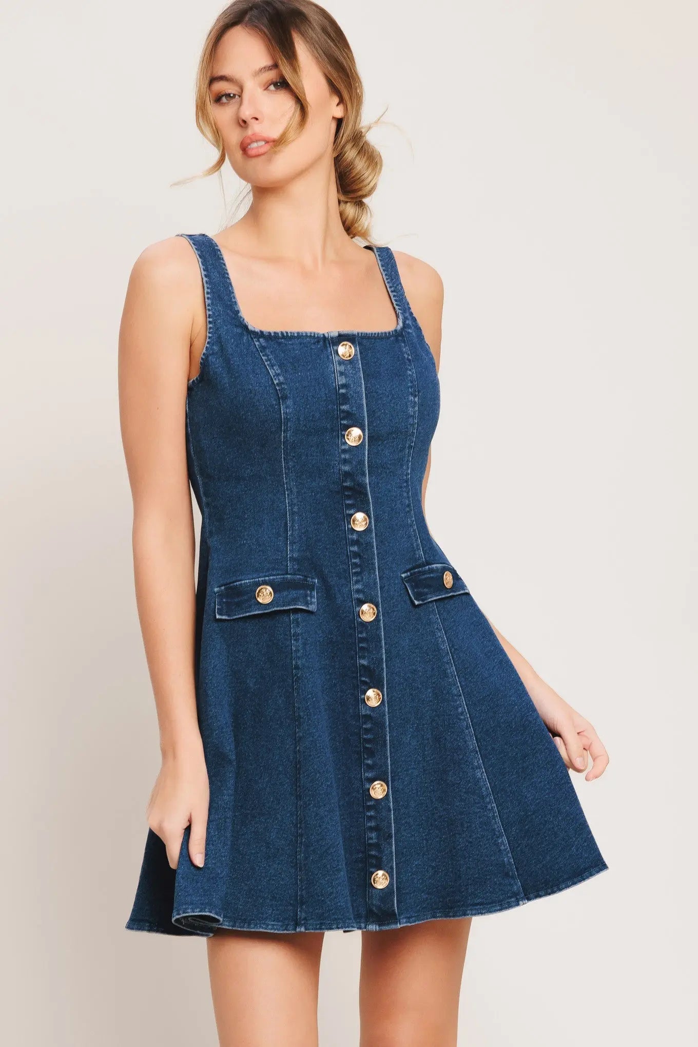 Urban Polish Denim Mini Dress With Square Neckline And Button Front Flying Tomato