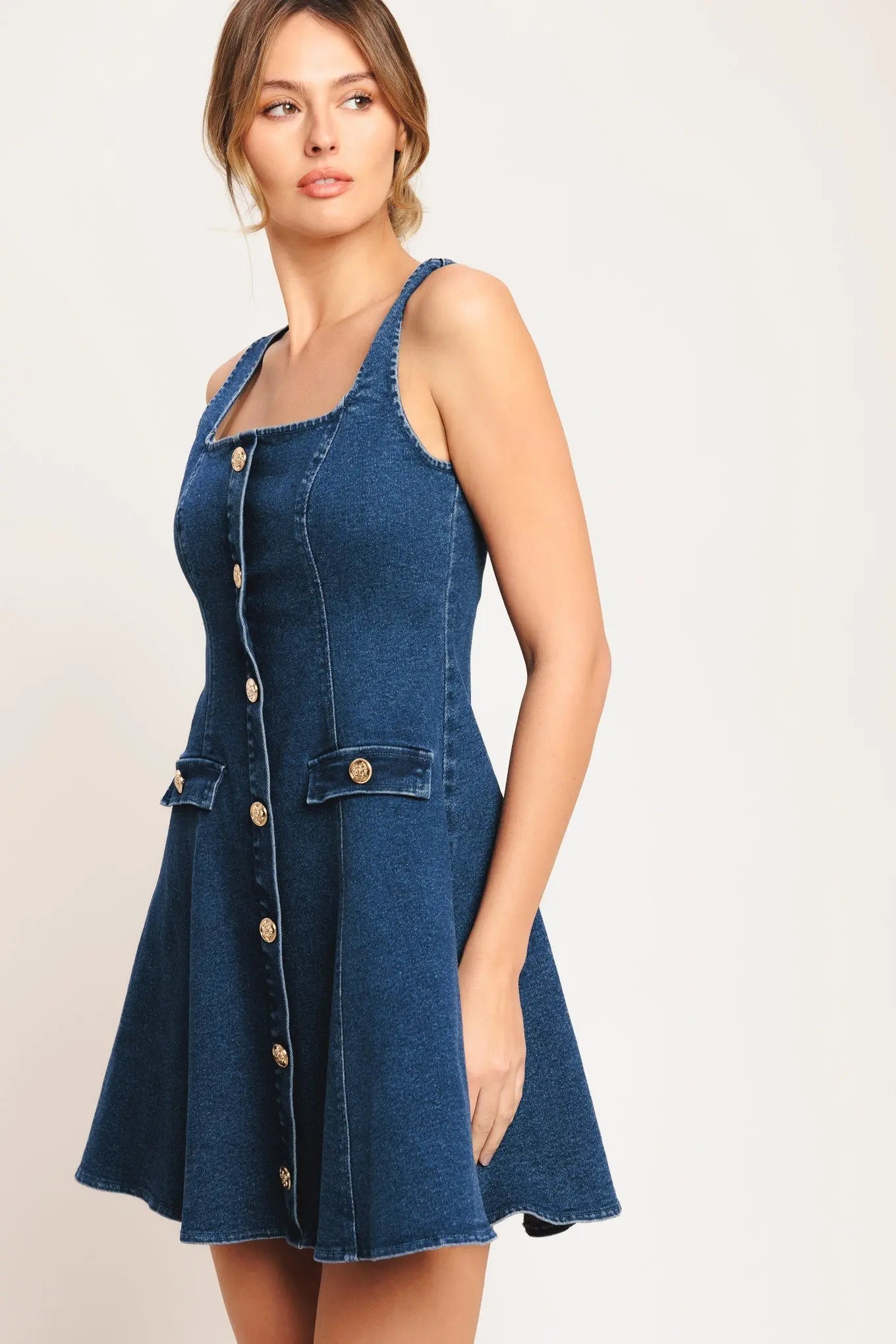 Urban Polish Denim Mini Dress With Square Neckline And Button Front Flying Tomato