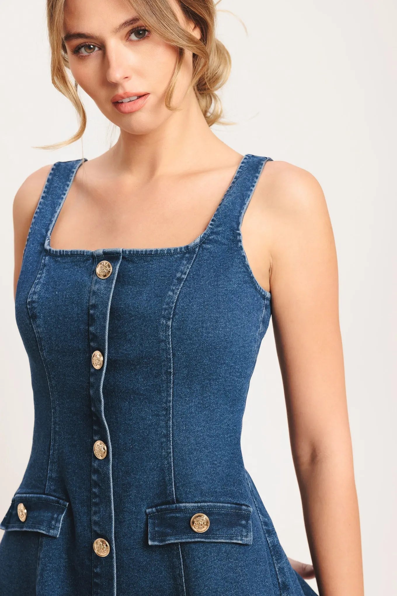Urban Polish Denim Mini Dress With Square Neckline And Button Front Flying Tomato