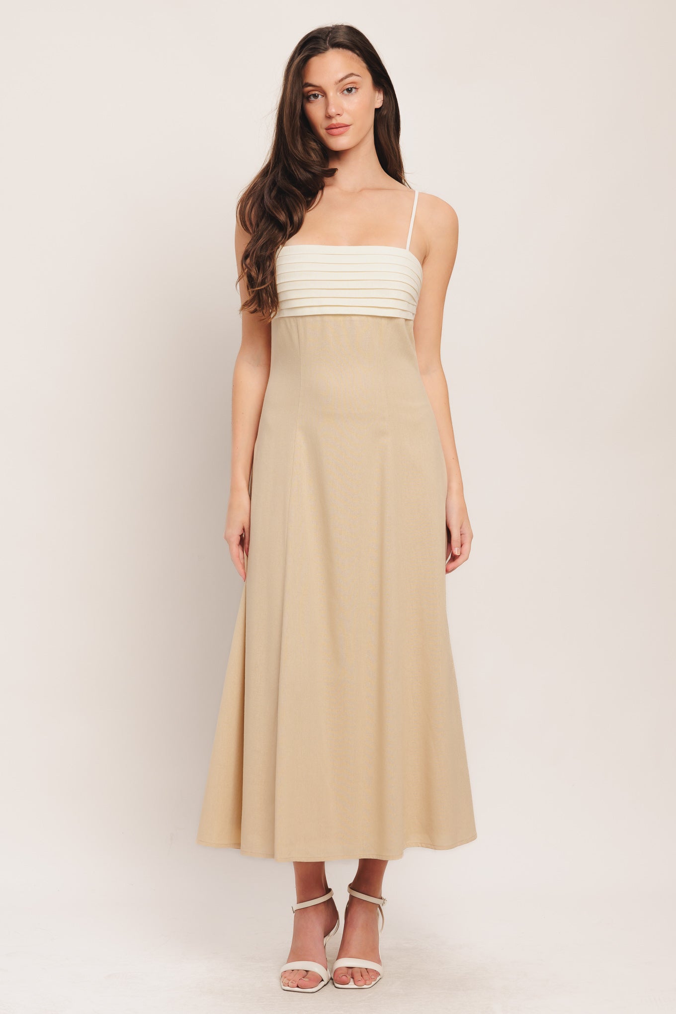 Quiet Luxe Moment Woven Midi Dress Beige With Pleated Bodice Flying Tomato