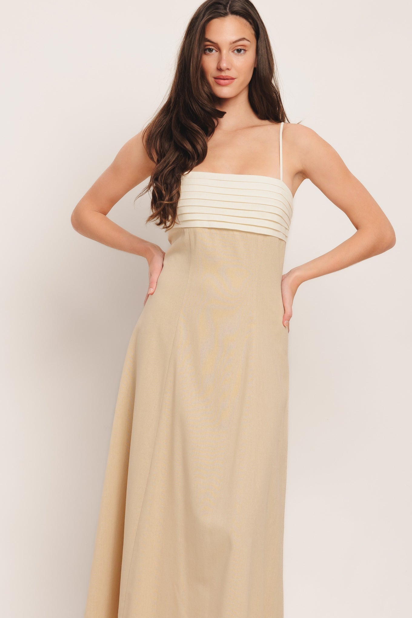 Quiet Luxe Moment Woven Midi Dress Beige With Pleated Bodice Flying Tomato
