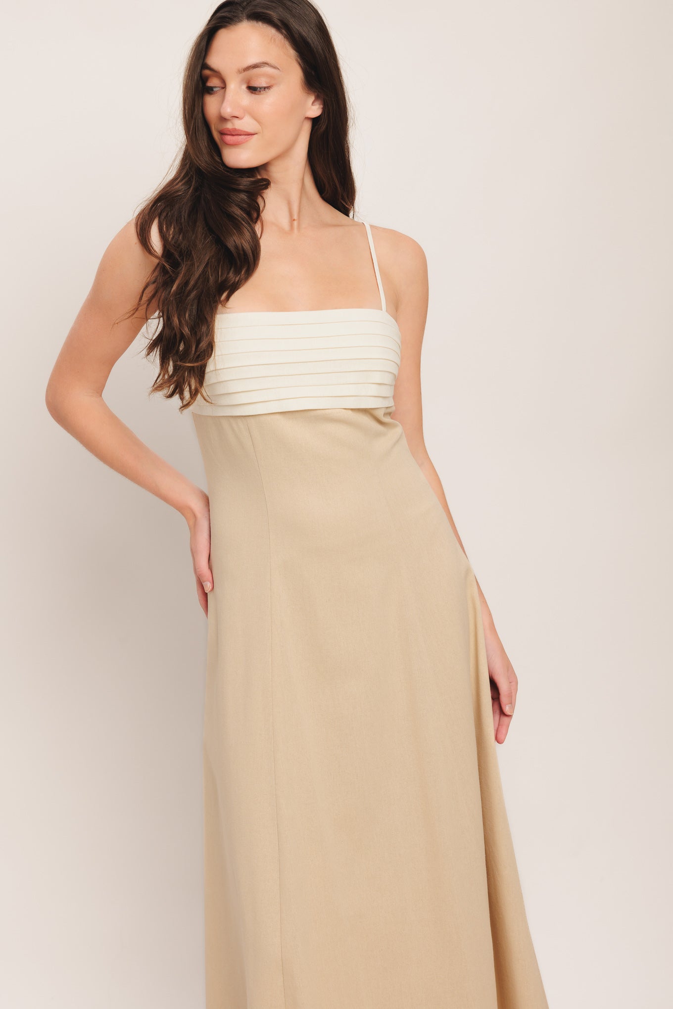 Quiet Luxe Moment Woven Midi Dress Beige With Pleated Bodice Flying Tomato