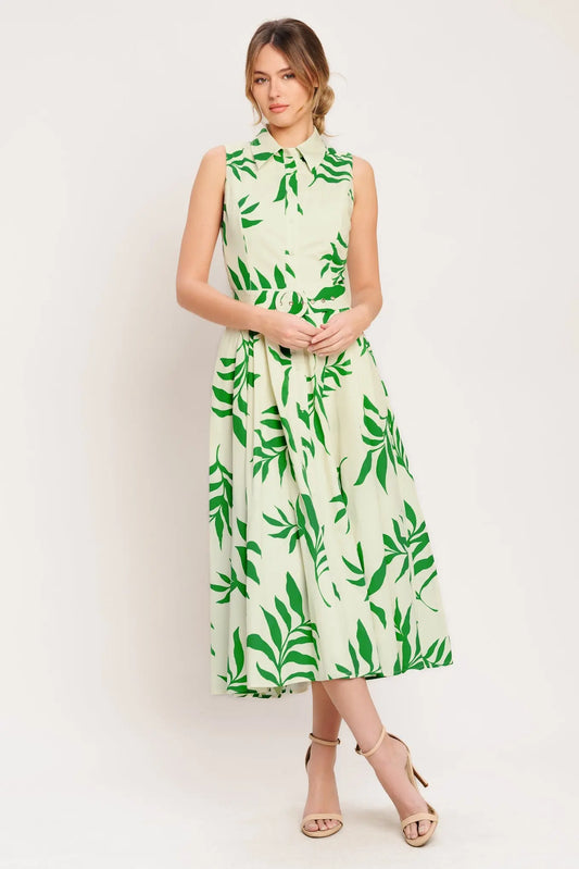 Green Daydream Printed Woven Midi Dress Cotton With Collar And Self Belt Flying Tomato