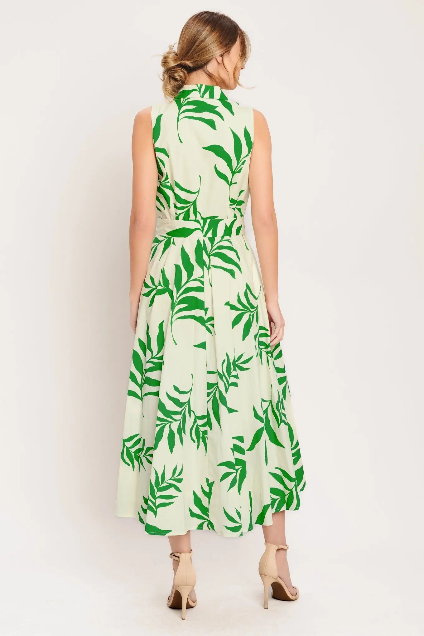 Green Daydream Printed Woven Midi Dress Cotton With Collar And Self Belt Flying Tomato