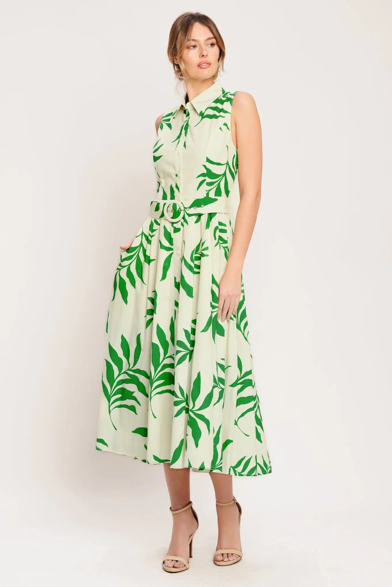 Green Daydream Printed Woven Midi Dress Cotton With Collar And Self Belt Flying Tomato