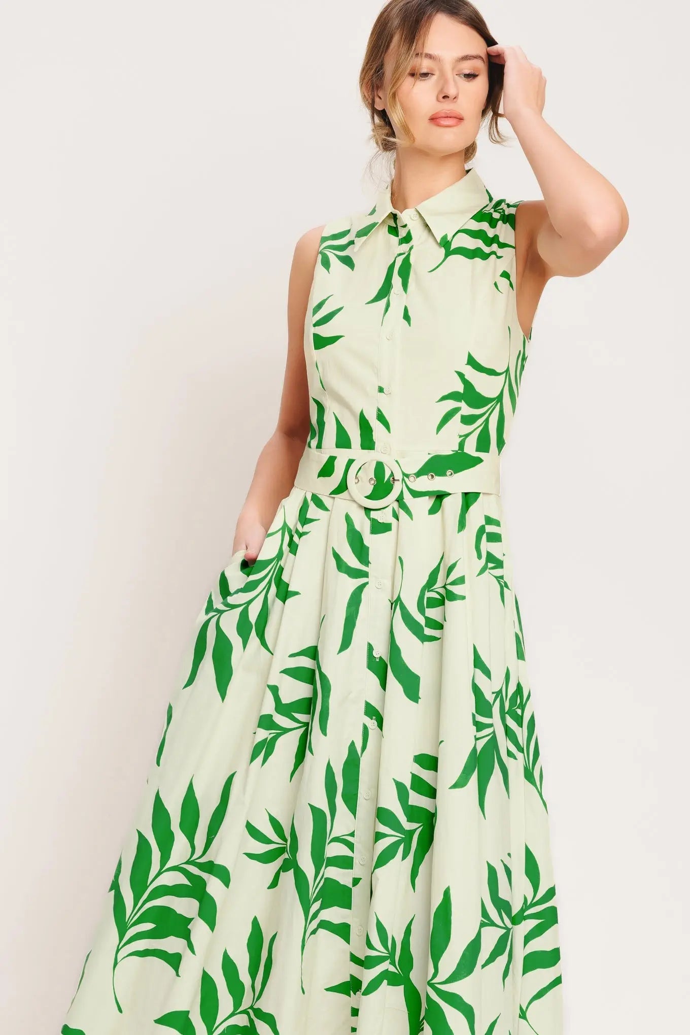 Green Daydream Printed Woven Midi Dress Cotton With Collar And Self Belt Flying Tomato