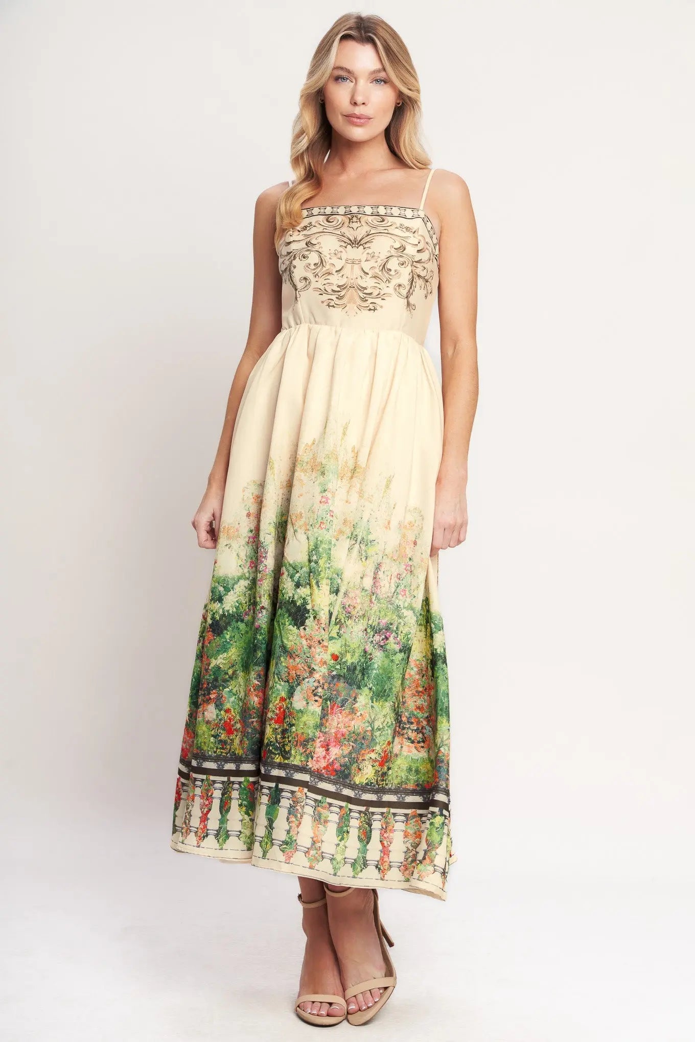 Heirloom Border Woven Midi Dress With Floral Print Flying Tomato