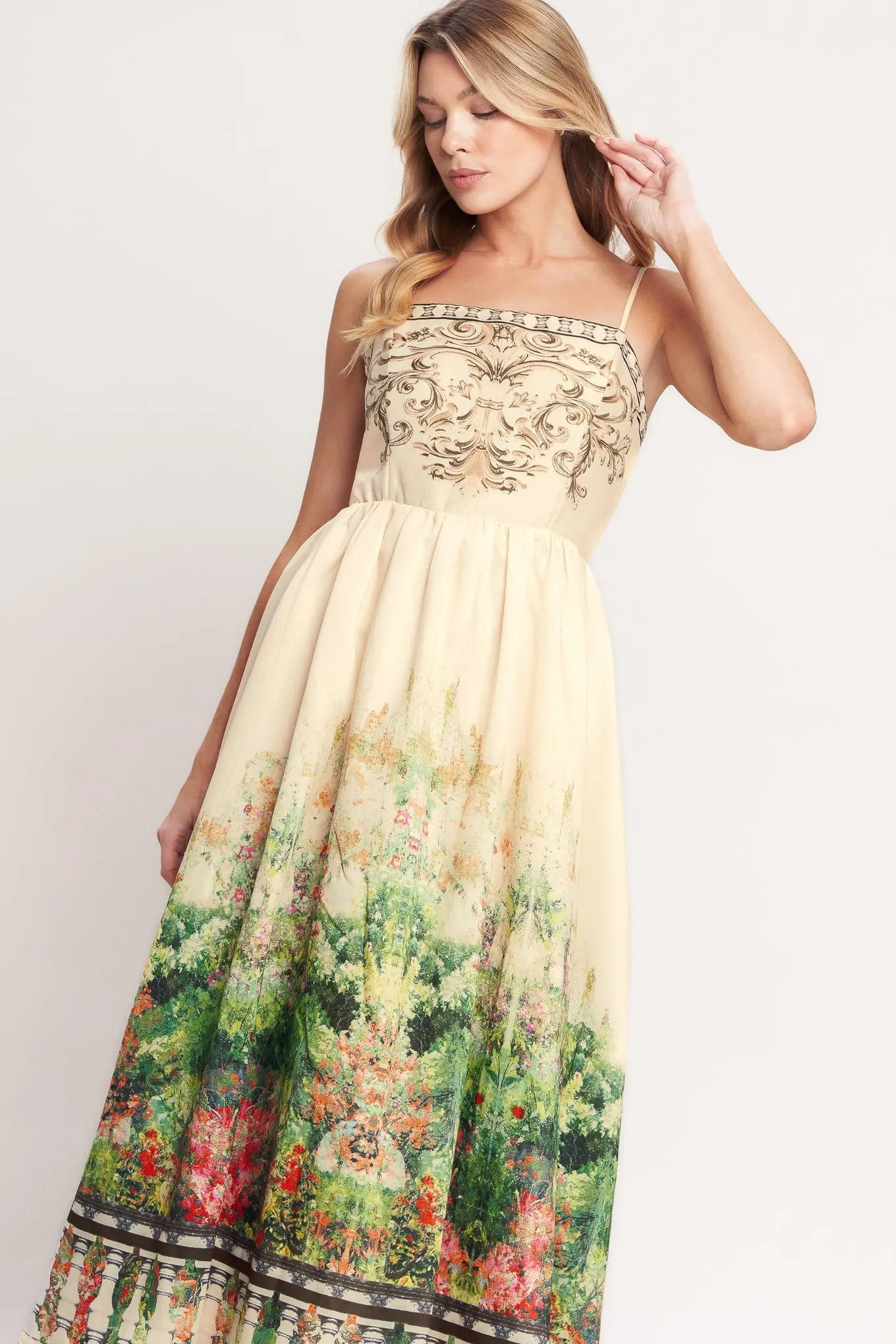 Heirloom Border Woven Midi Dress With Floral Print Flying Tomato