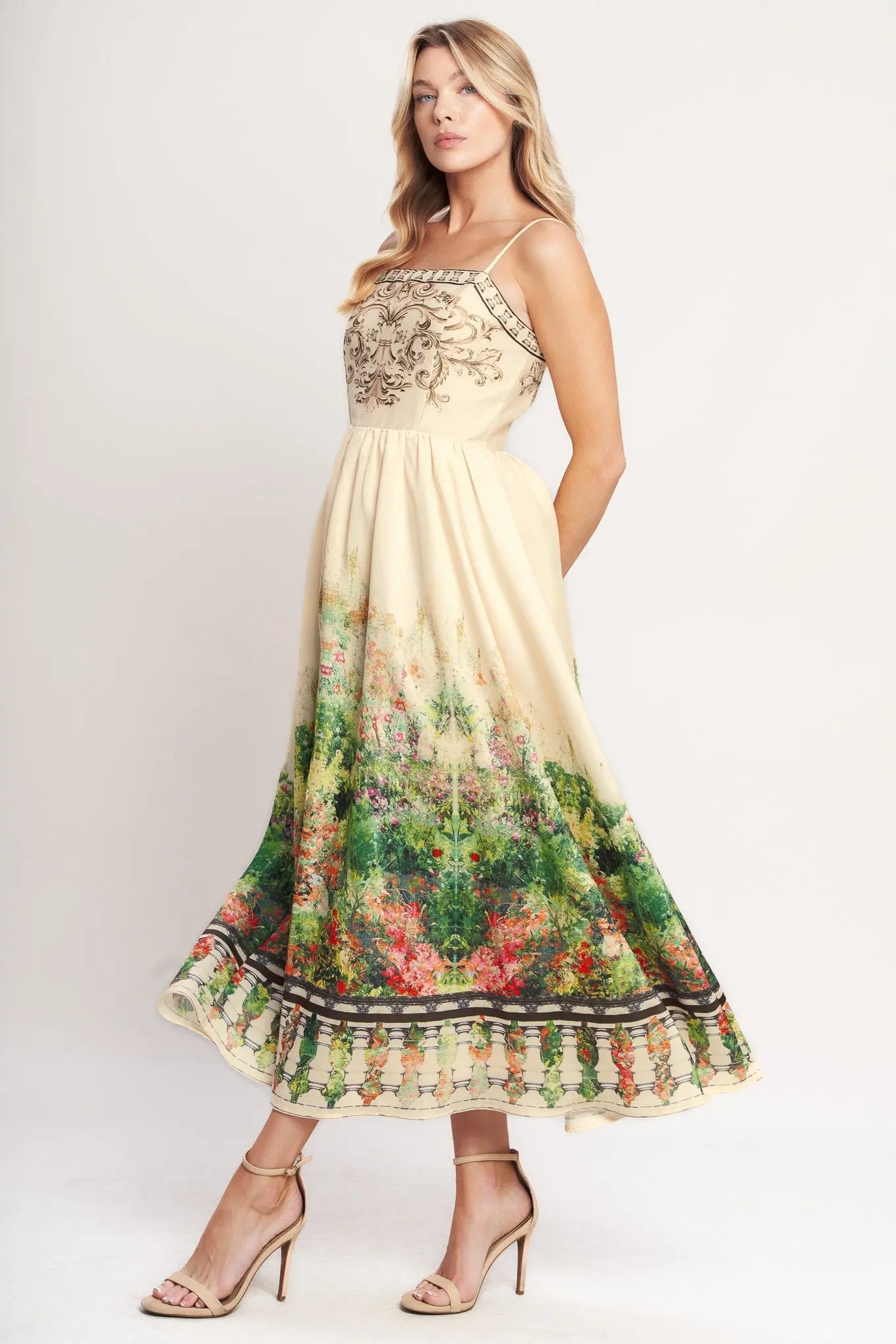 Heirloom Border Woven Midi Dress With Floral Print Flying Tomato