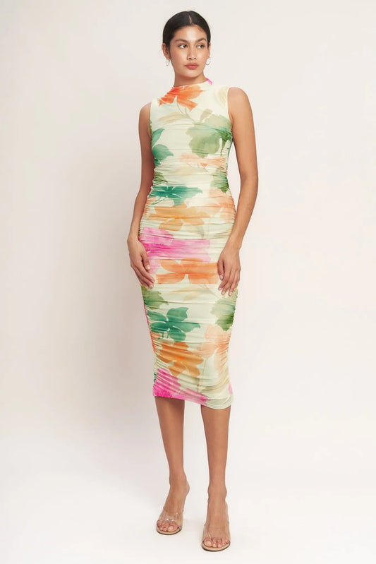 COLORFUL CONFIDENCE POWER MESH MIDI DRESS Flying Tomato