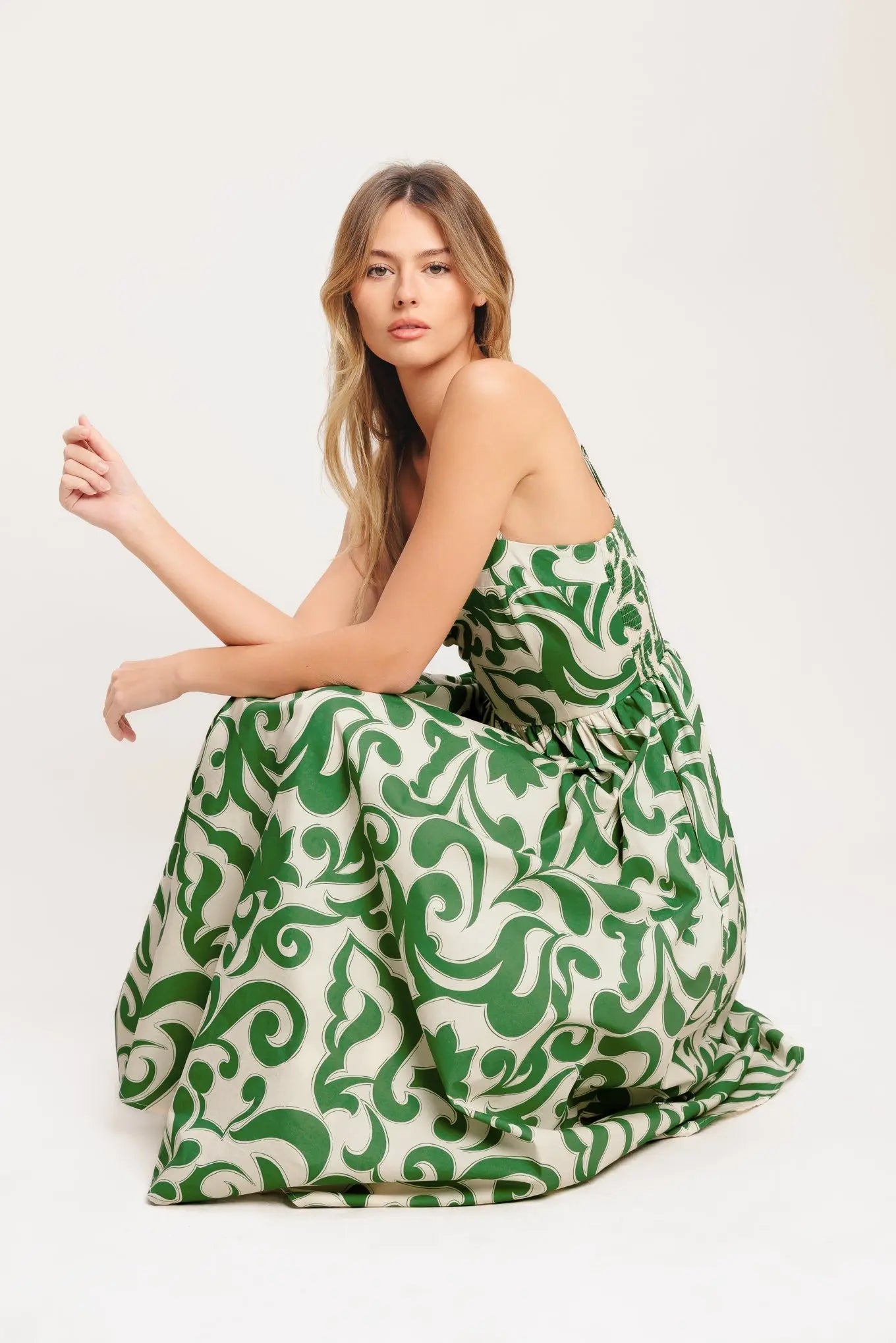 Art Nouveau Floral Woven Midi Dress Cotton Print With Smocked Back Flying Tomato