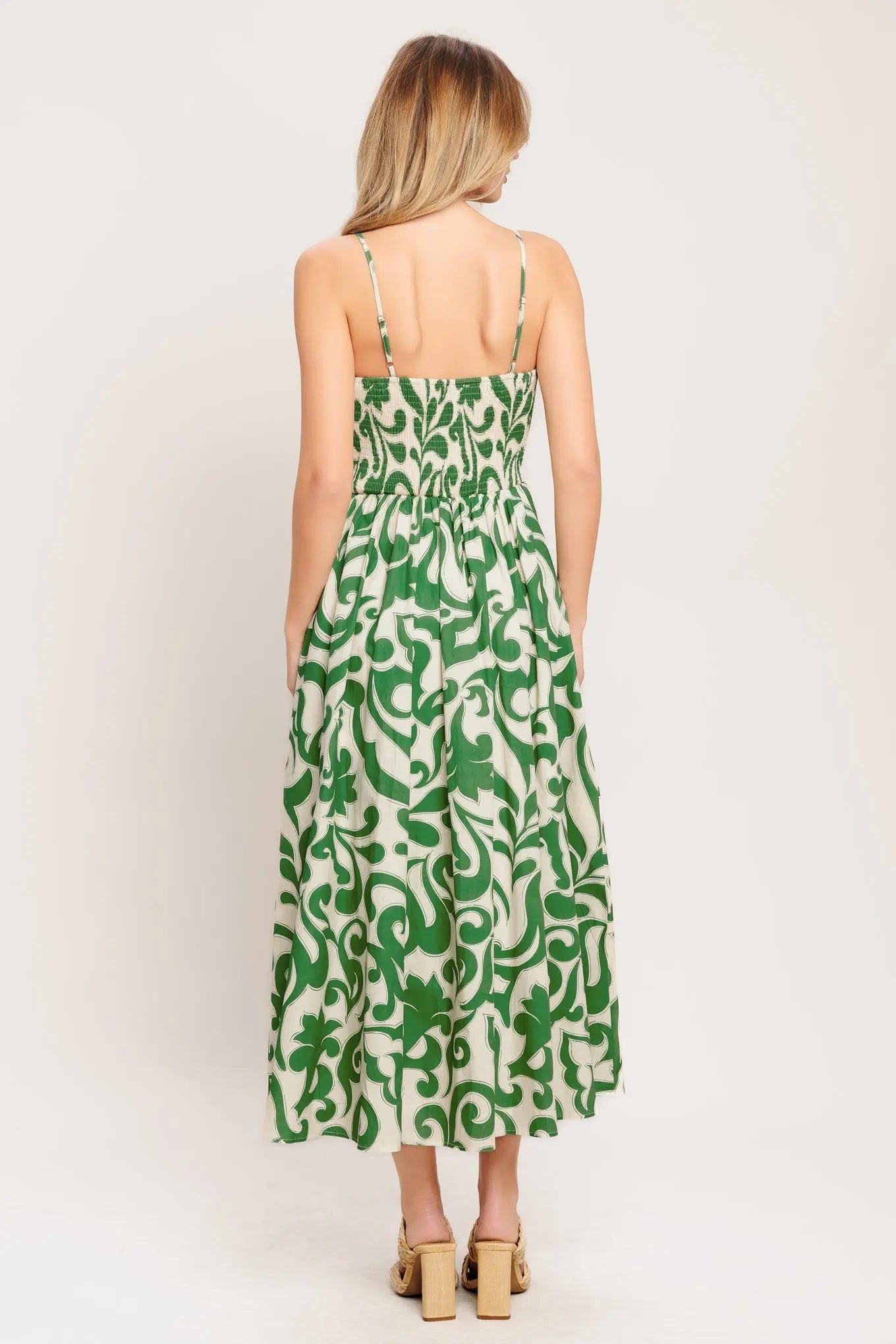 Art Nouveau Floral Woven Midi Dress Cotton Print With Smocked Back Flying Tomato