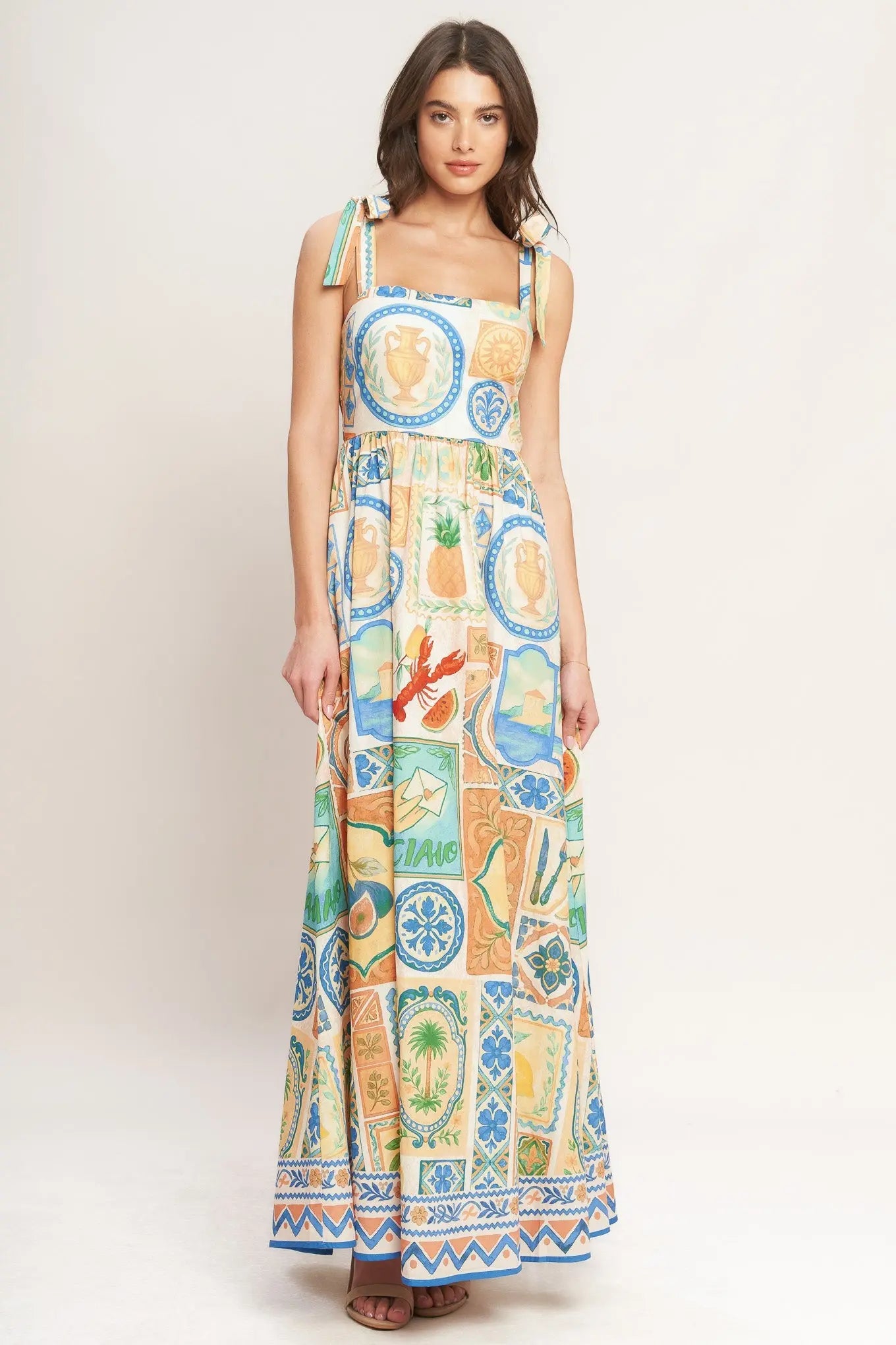 Amalfi Postcard Woven Maxi Dress With Straight Neckline And Shoulder Ties Flying Tomato