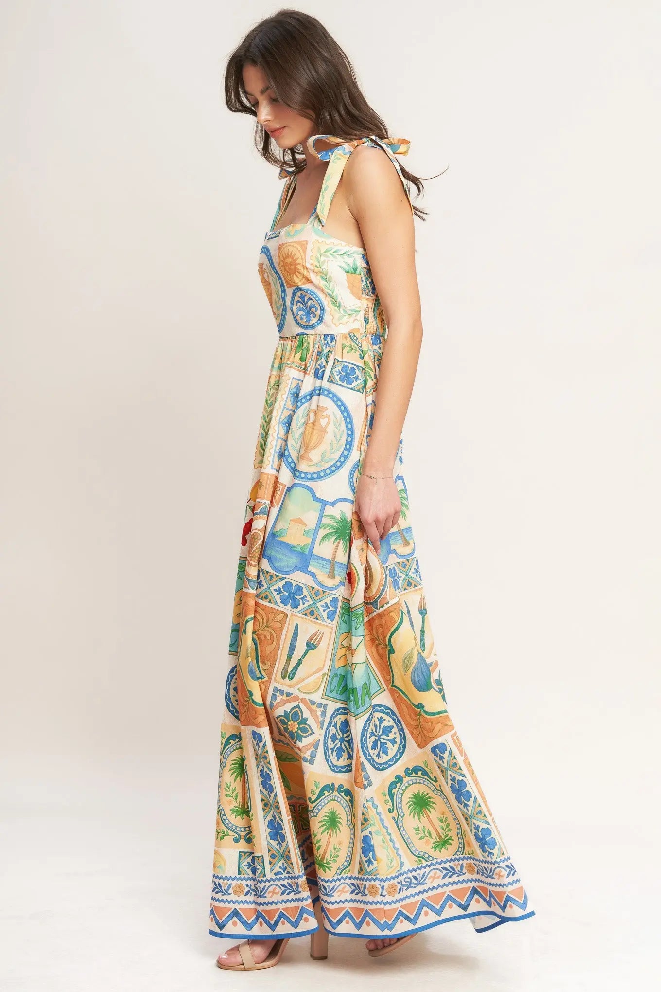 Amalfi Postcard Woven Maxi Dress With Straight Neckline And Shoulder Ties Flying Tomato