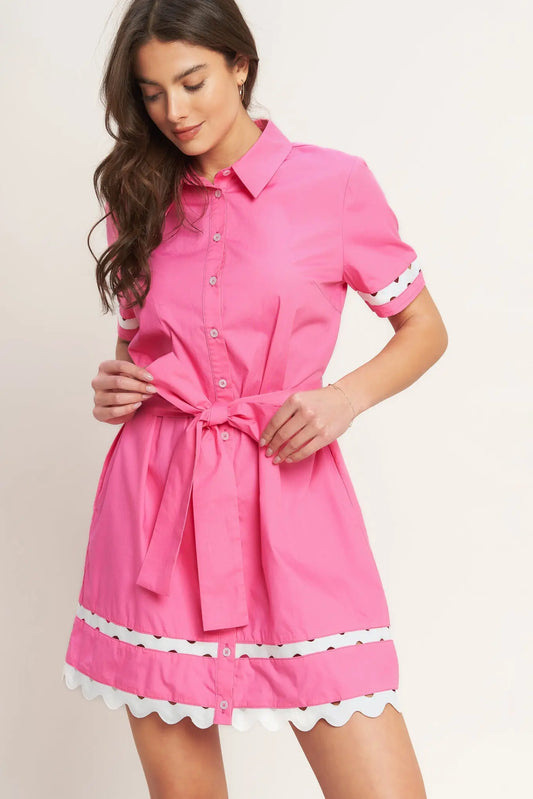 Weekend Preppy Look Woven Mini Dress With Collar Ric Rac Ribbon Flying Tomato