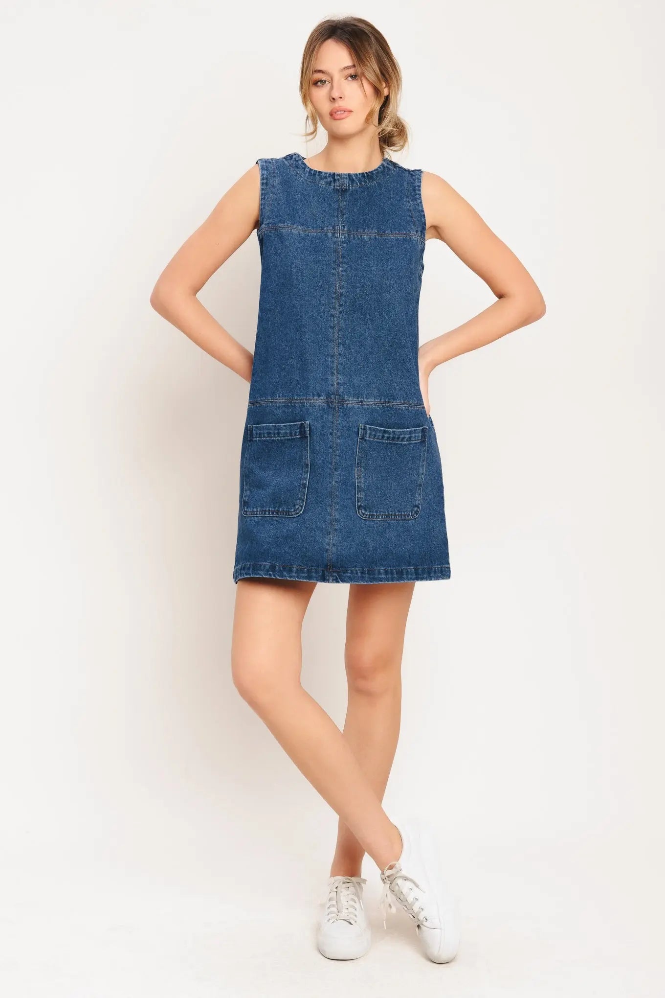 Laidback Chic Denim Shift Dress With Pockets Back Zipper Closure Flying Tomato