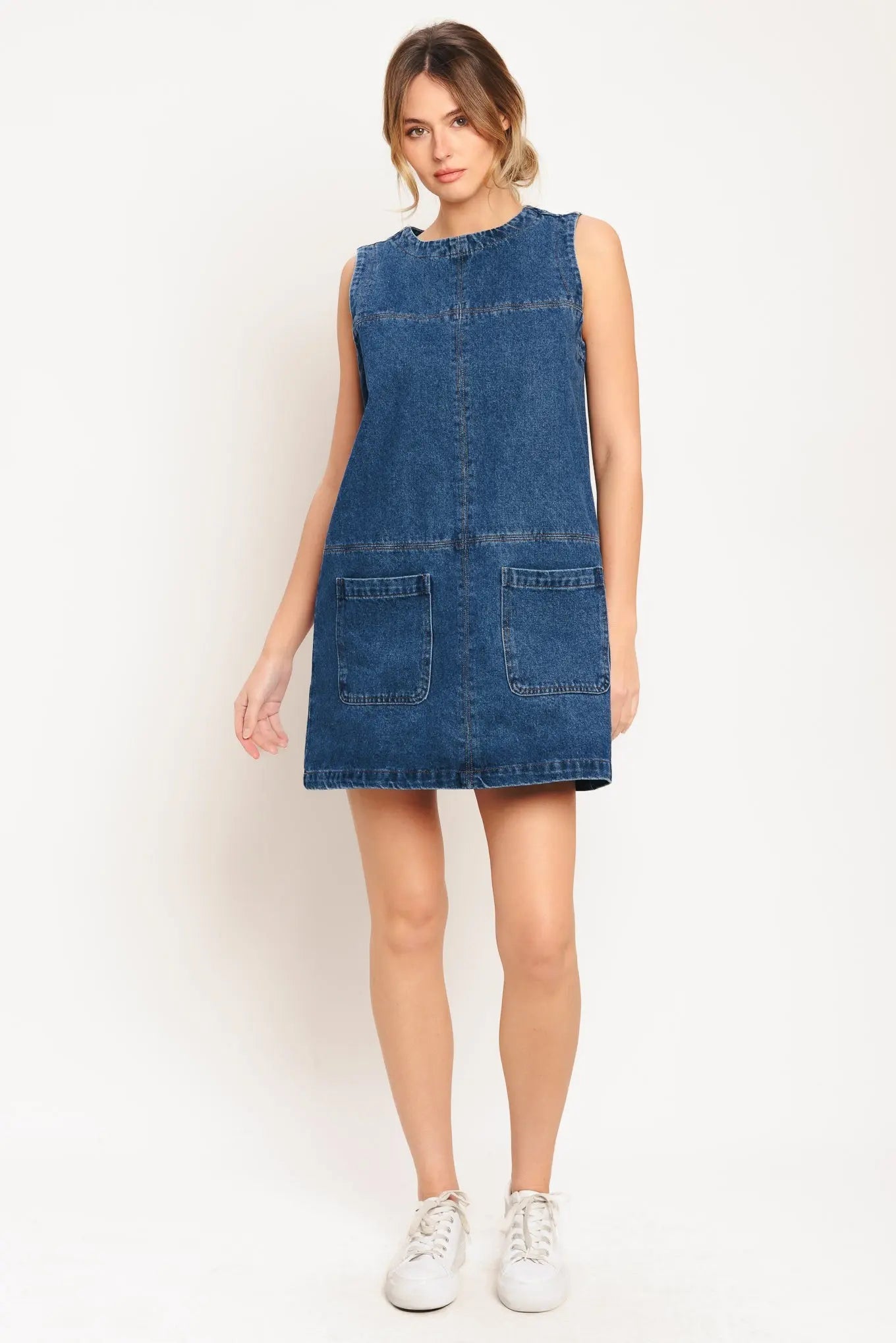 Laidback Chic Denim Shift Dress With Pockets Back Zipper Closure Flying Tomato