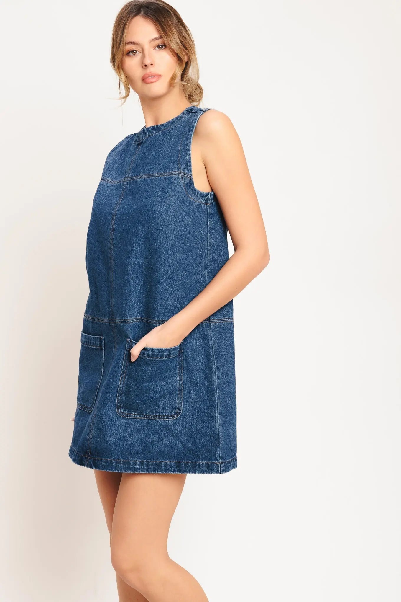 Laidback Chic Denim Shift Dress With Pockets Back Zipper Closure Flying Tomato