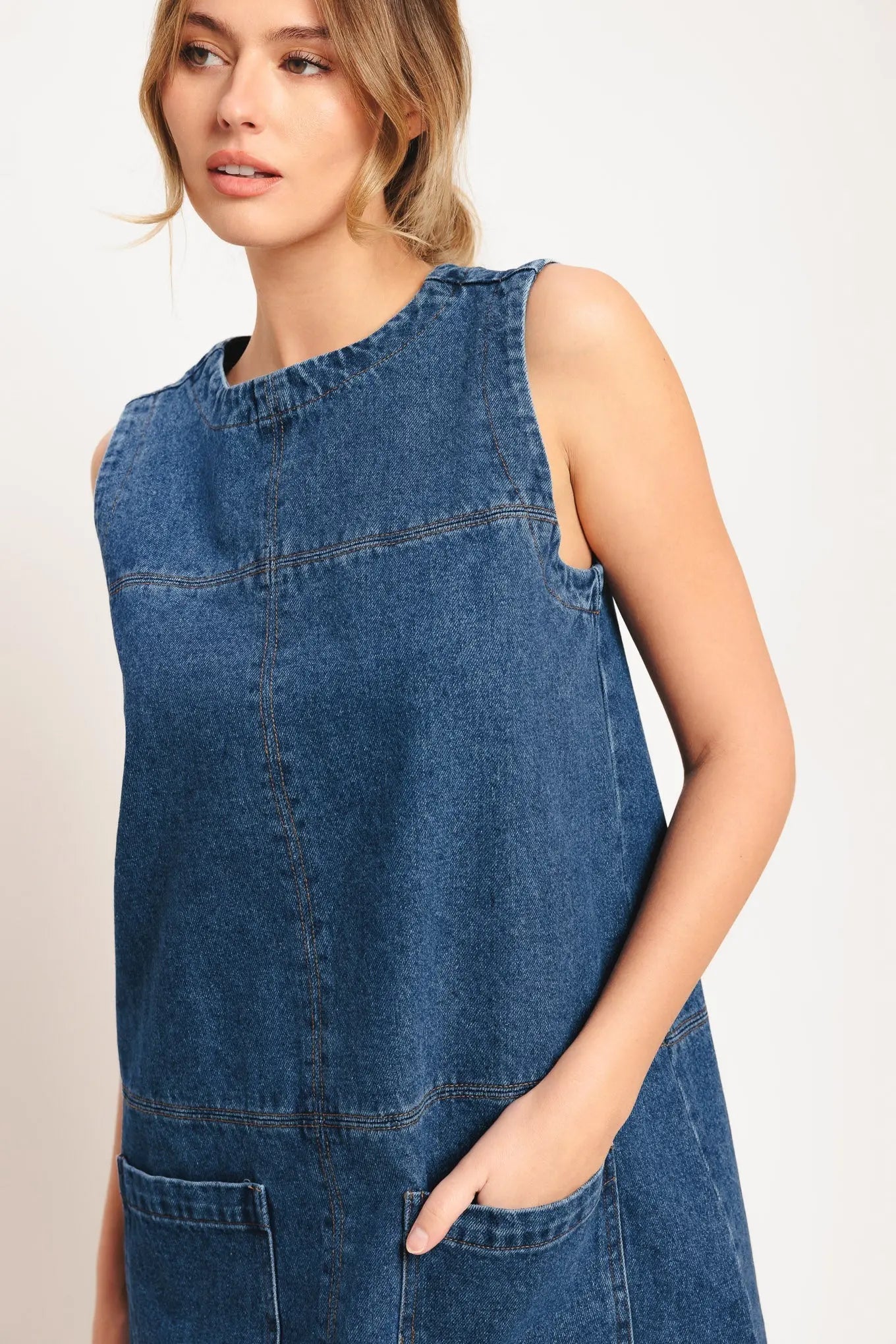 Laidback Chic Denim Shift Dress With Pockets Back Zipper Closure Flying Tomato