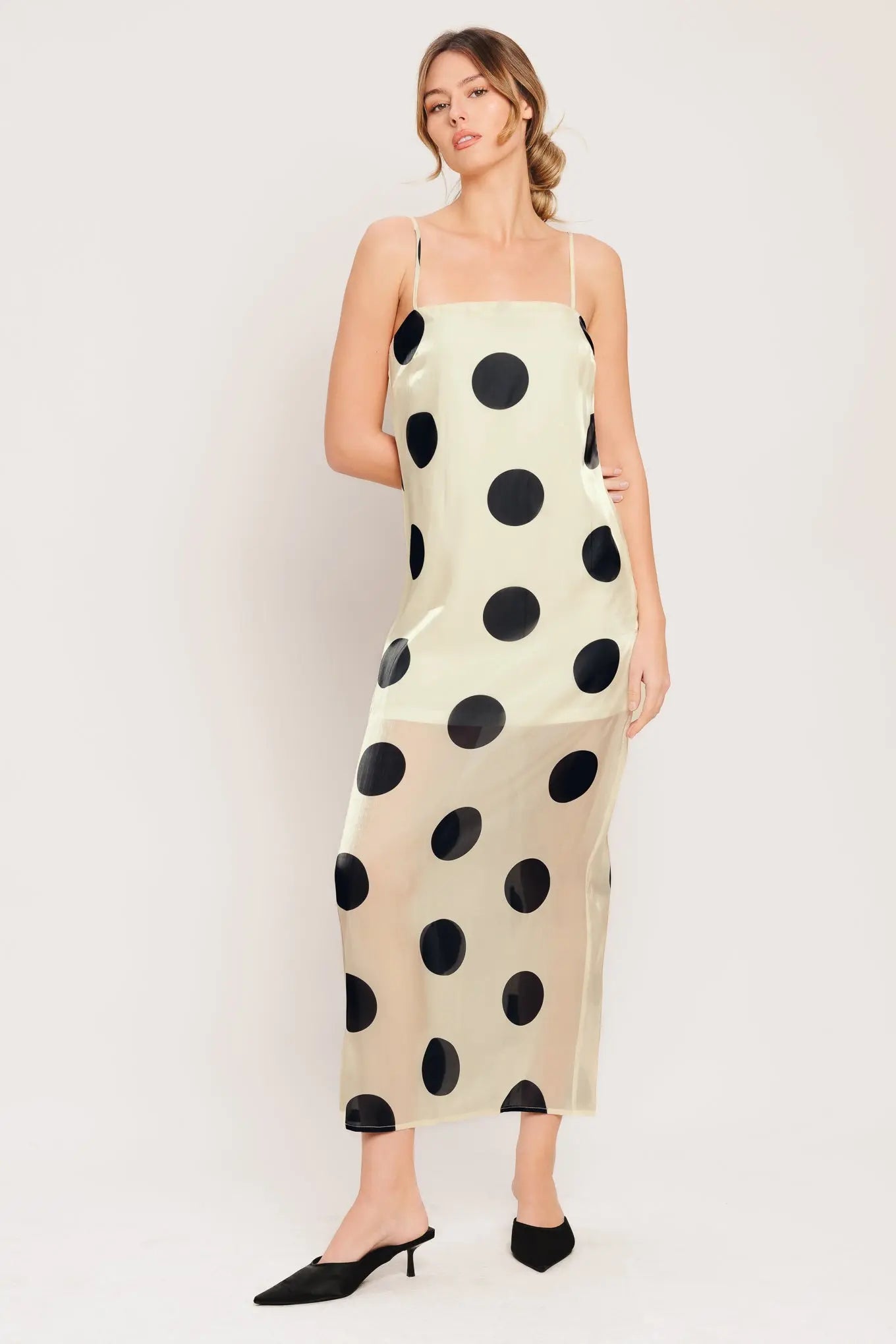 Avant Dot Polka Dot Printed Woven Midi Dress With Spaghetti Straps Flying Tomato