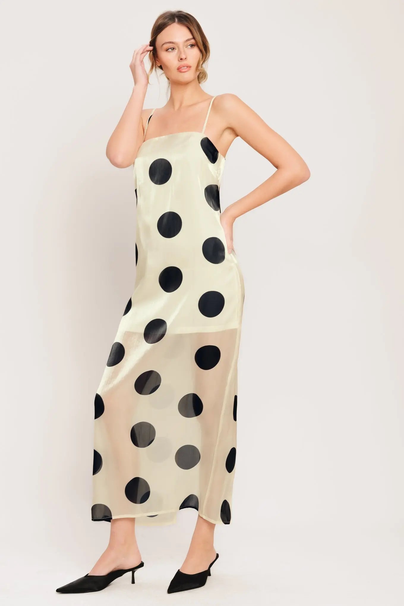 Avant Dot Polka Dot Printed Woven Midi Dress With Spaghetti Straps Flying Tomato