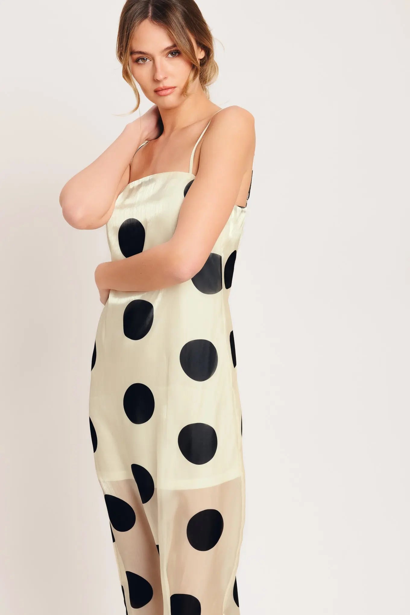 Avant Dot Polka Dot Printed Woven Midi Dress With Spaghetti Straps Flying Tomato