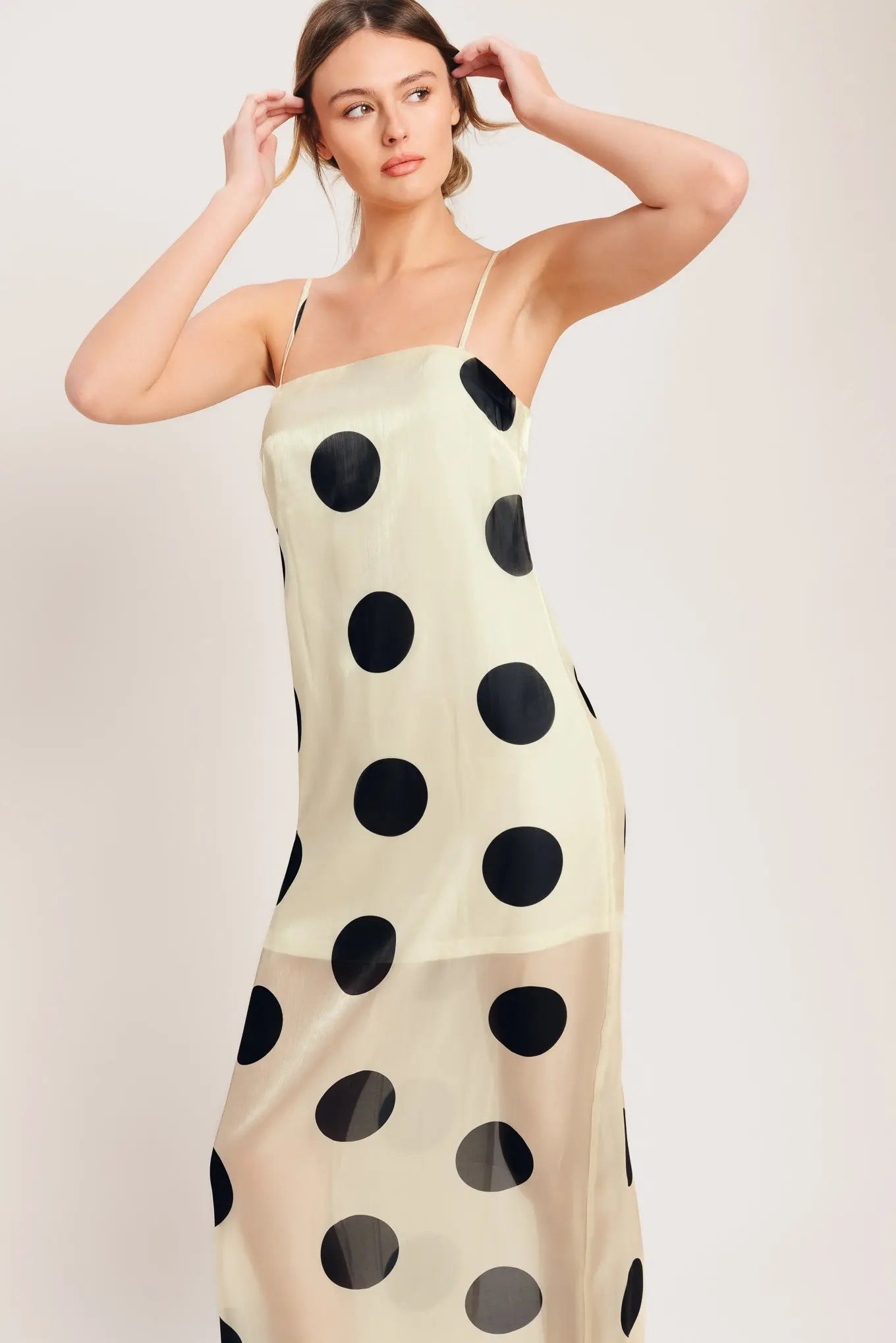 Avant Dot Polka Dot Printed Woven Midi Dress With Spaghetti Straps Flying Tomato