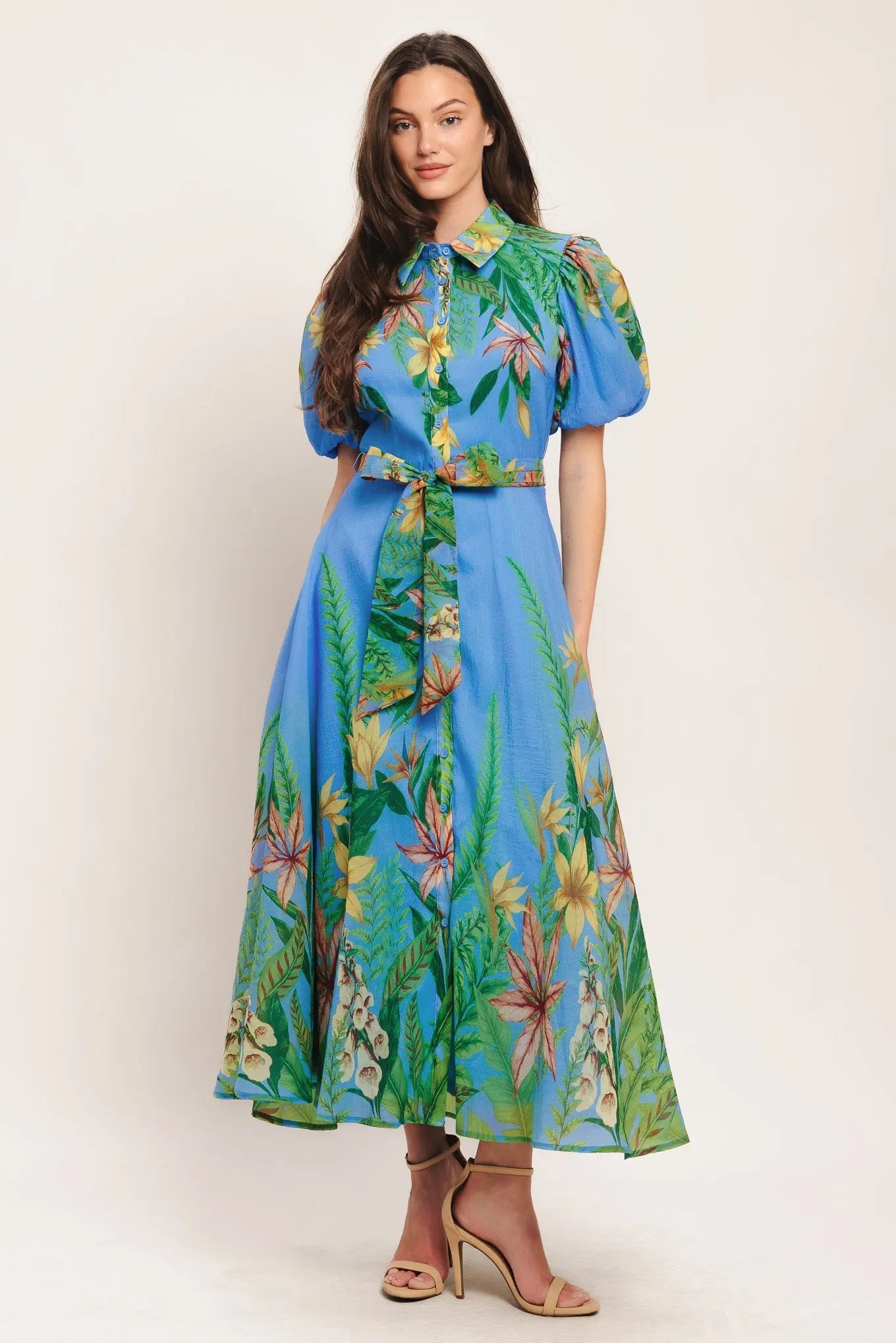 Palm Serenade Blue Woven Midi Dress With Self Tie Belt Flying Tomato