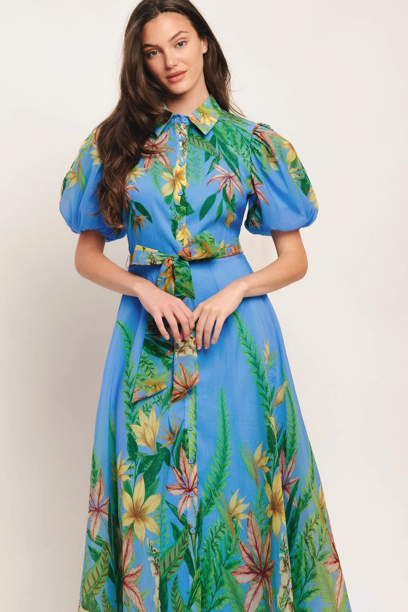 Palm Serenade Blue Woven Midi Dress With Self Tie Belt Flying Tomato
