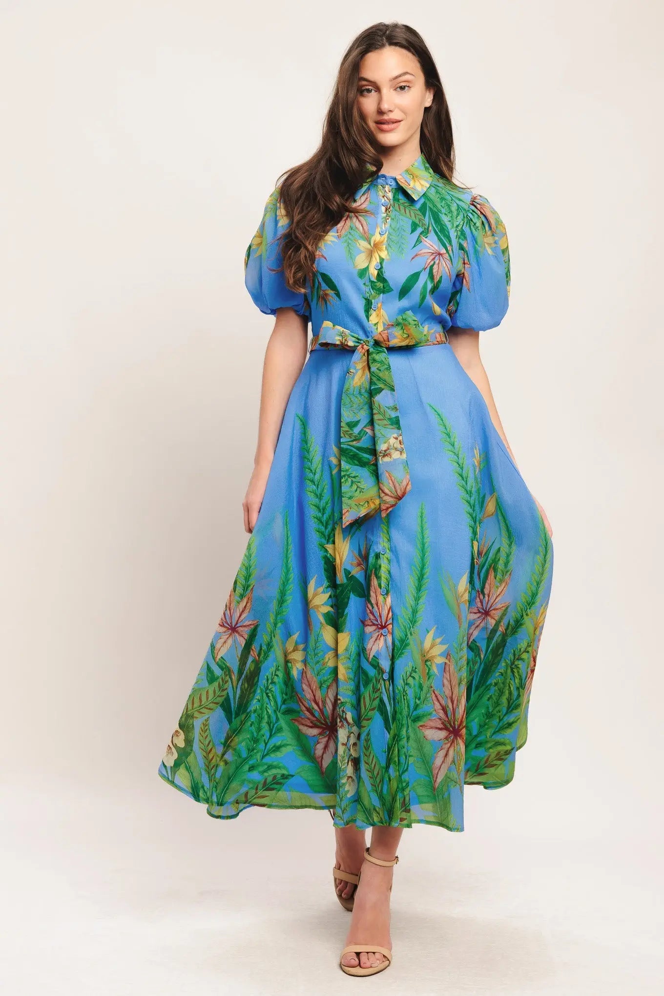 Palm Serenade Blue Woven Midi Dress With Self Tie Belt Flying Tomato