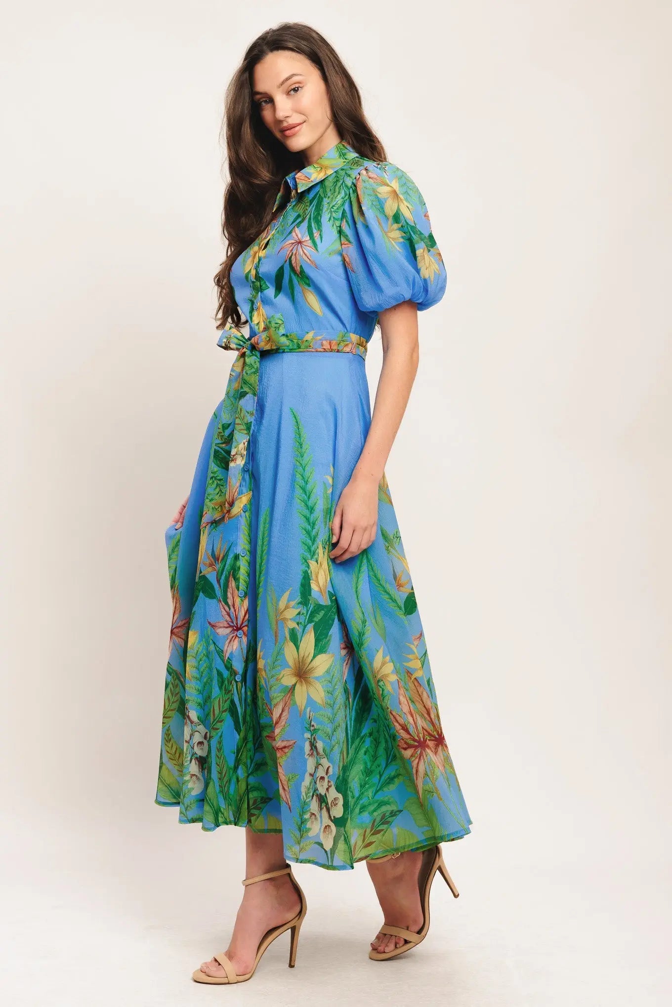 Palm Serenade Blue Woven Midi Dress With Self Tie Belt Flying Tomato