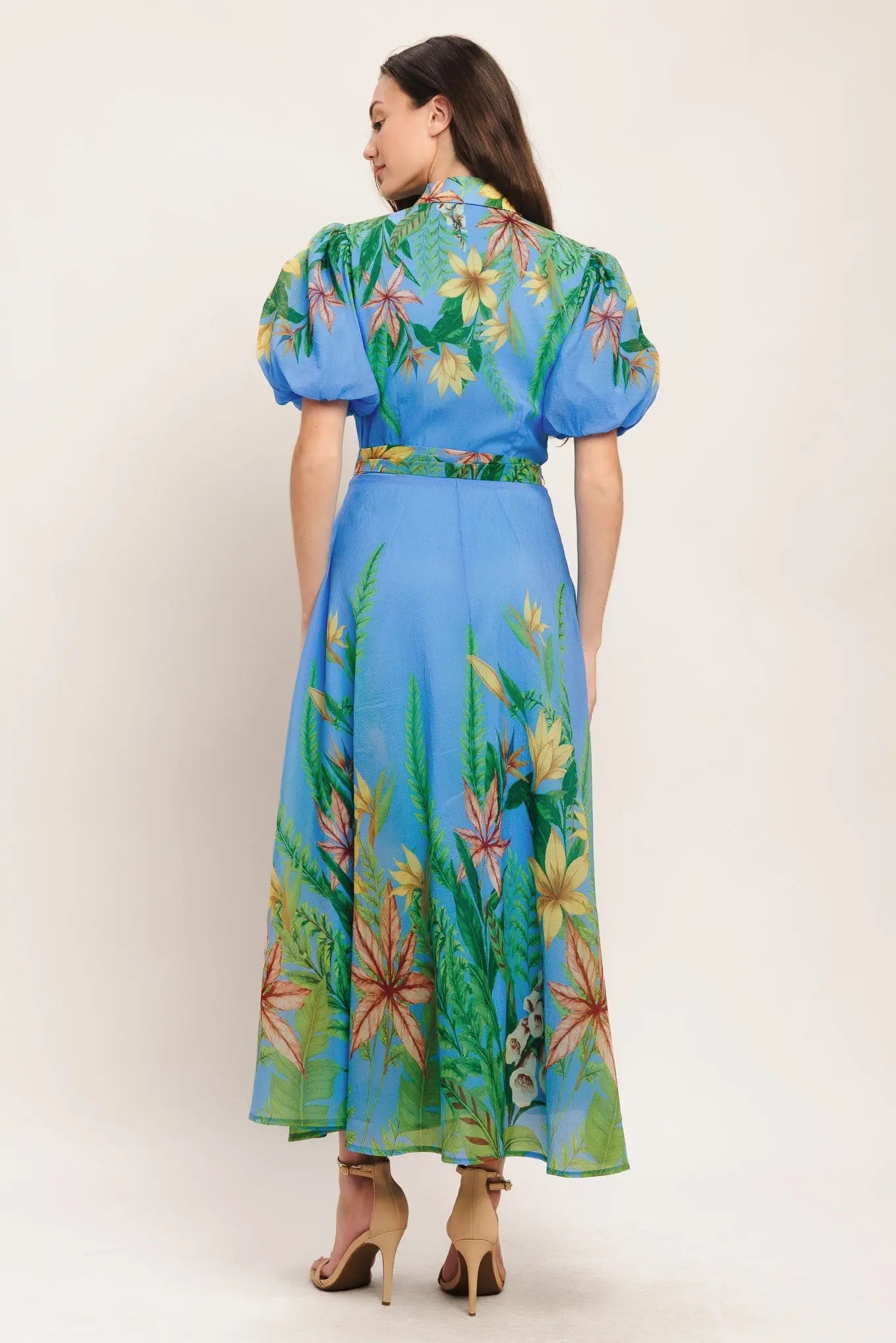 Palm Serenade Blue Woven Midi Dress With Self Tie Belt Flying Tomato