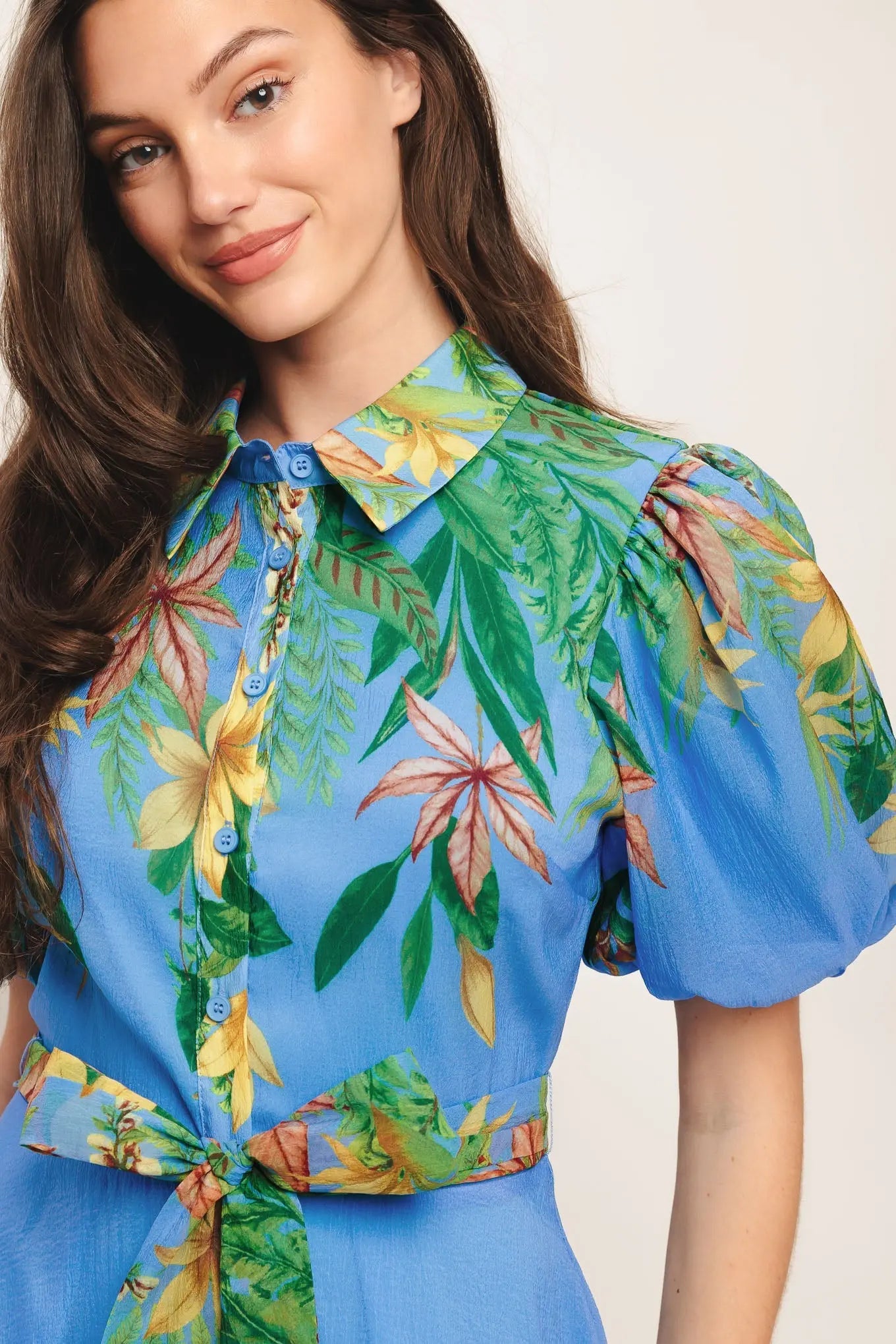 Palm Serenade Blue Woven Midi Dress With Self Tie Belt Flying Tomato