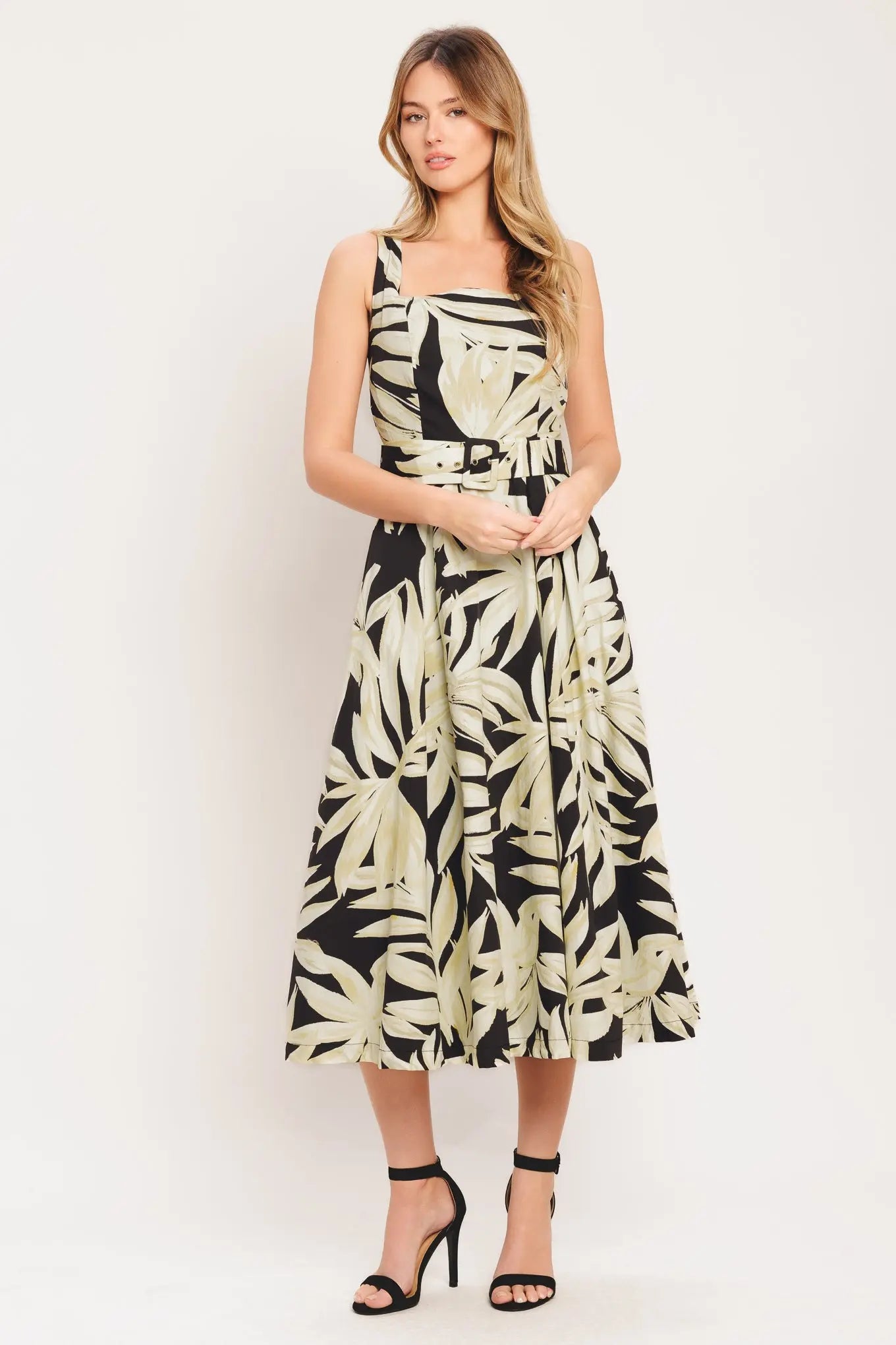 Mono Leaf Statement Woven Midi Dress With Self Belt Flying Tomato