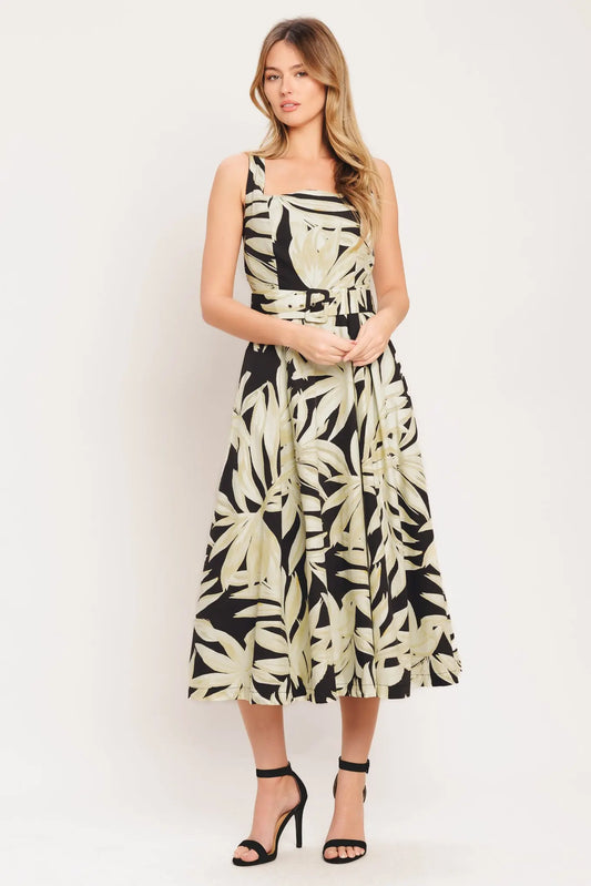 Mono Leaf Statement Woven Midi Dress With Self Belt Flying Tomato