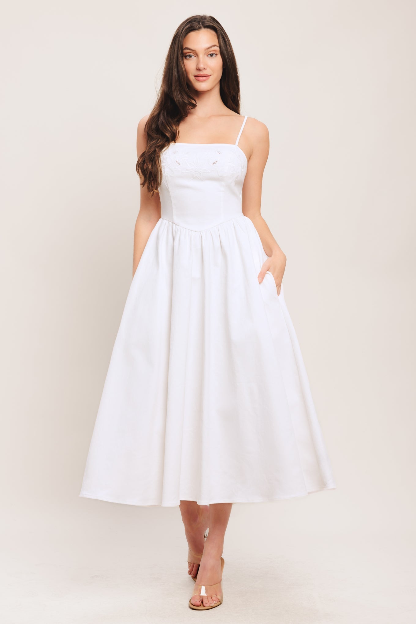 Cloud Petal White Woven Midi Dress With Embroidered Bodice Straps Flying Tomato