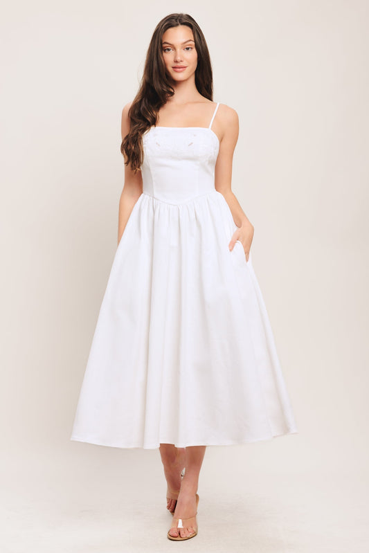 Cloud Petal White Woven Midi Dress With Embroidered Bodice Straps Flying Tomato