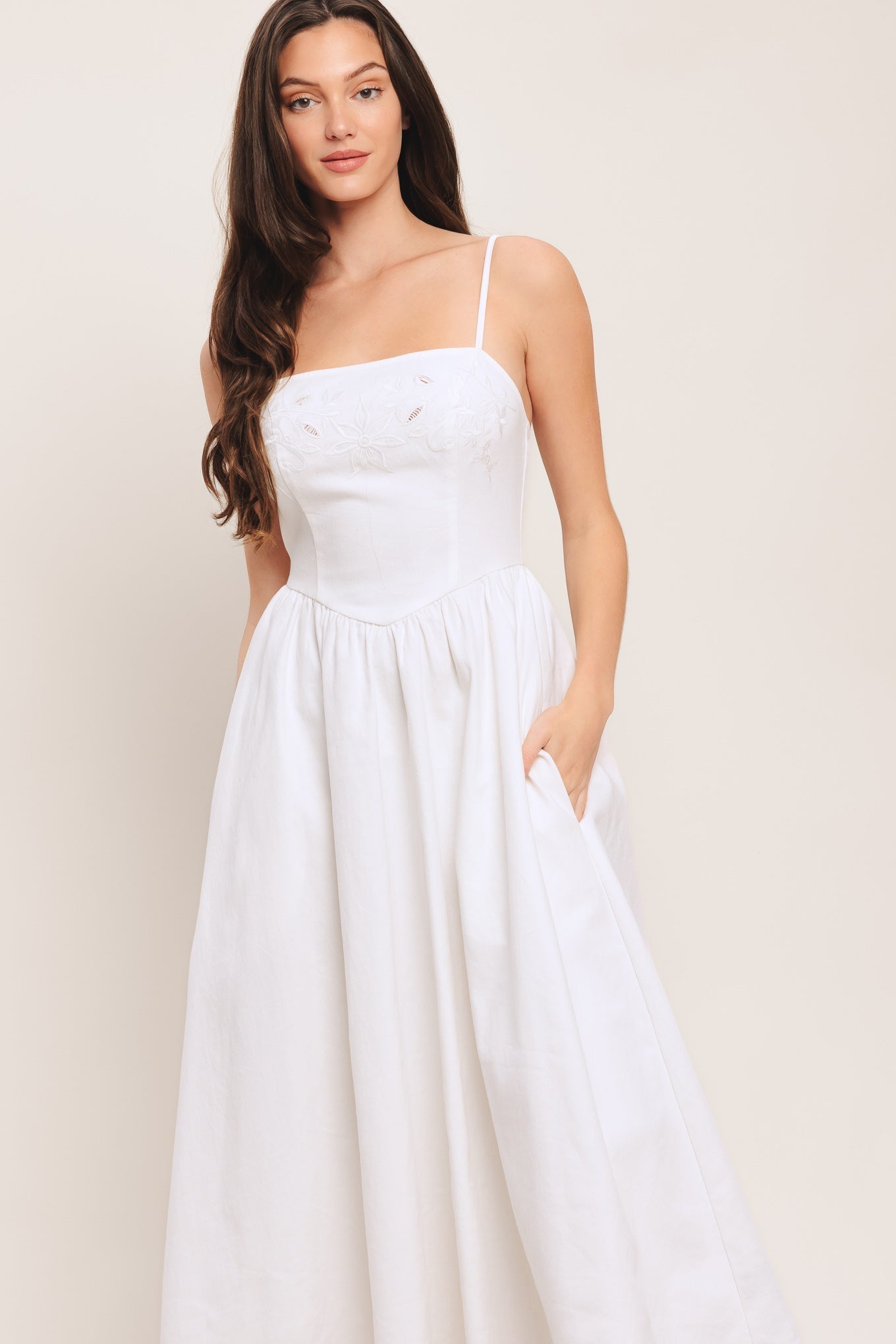 Cloud Petal White Woven Midi Dress With Embroidered Bodice Straps Flying Tomato
