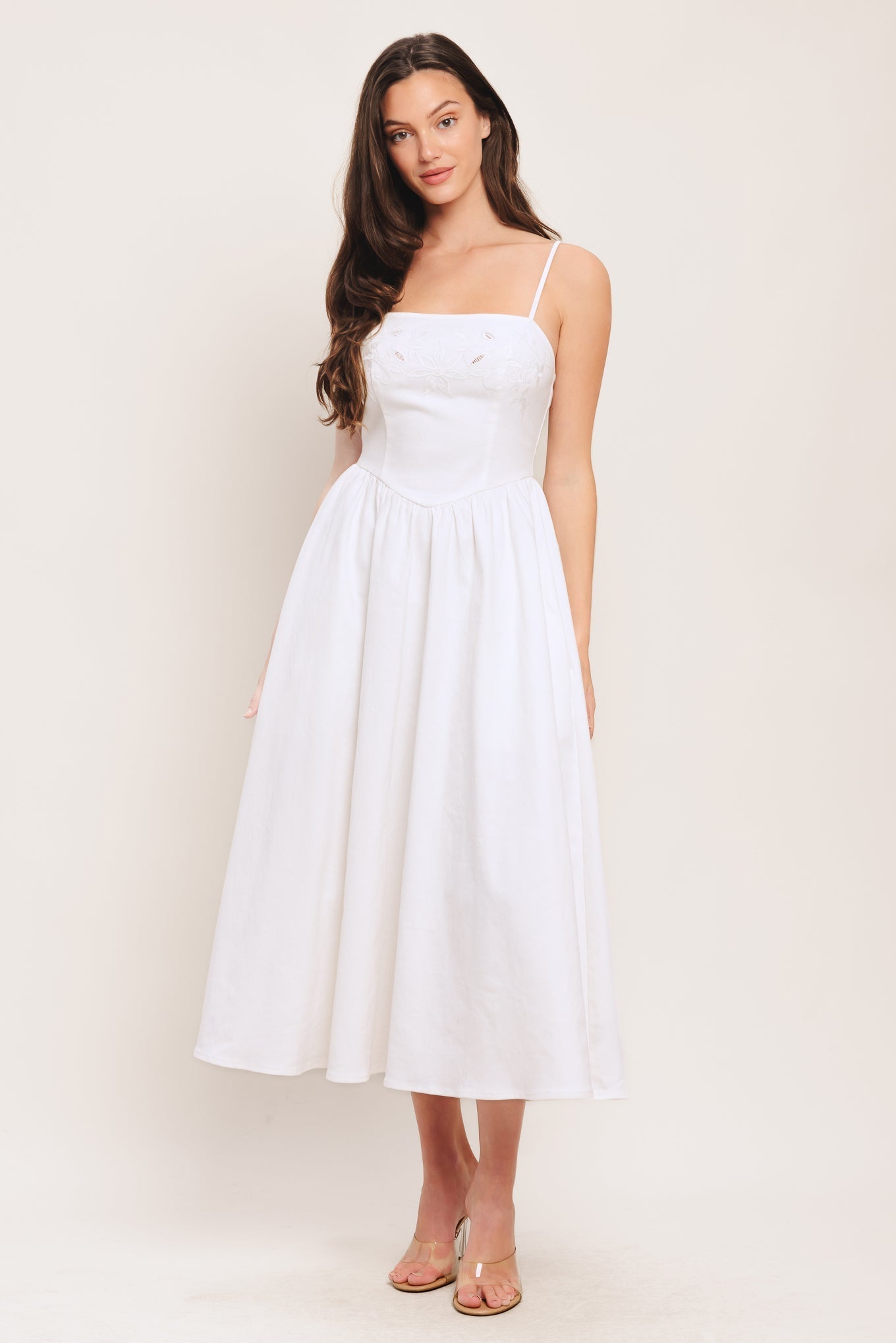Cloud Petal White Woven Midi Dress With Embroidered Bodice Straps Flying Tomato