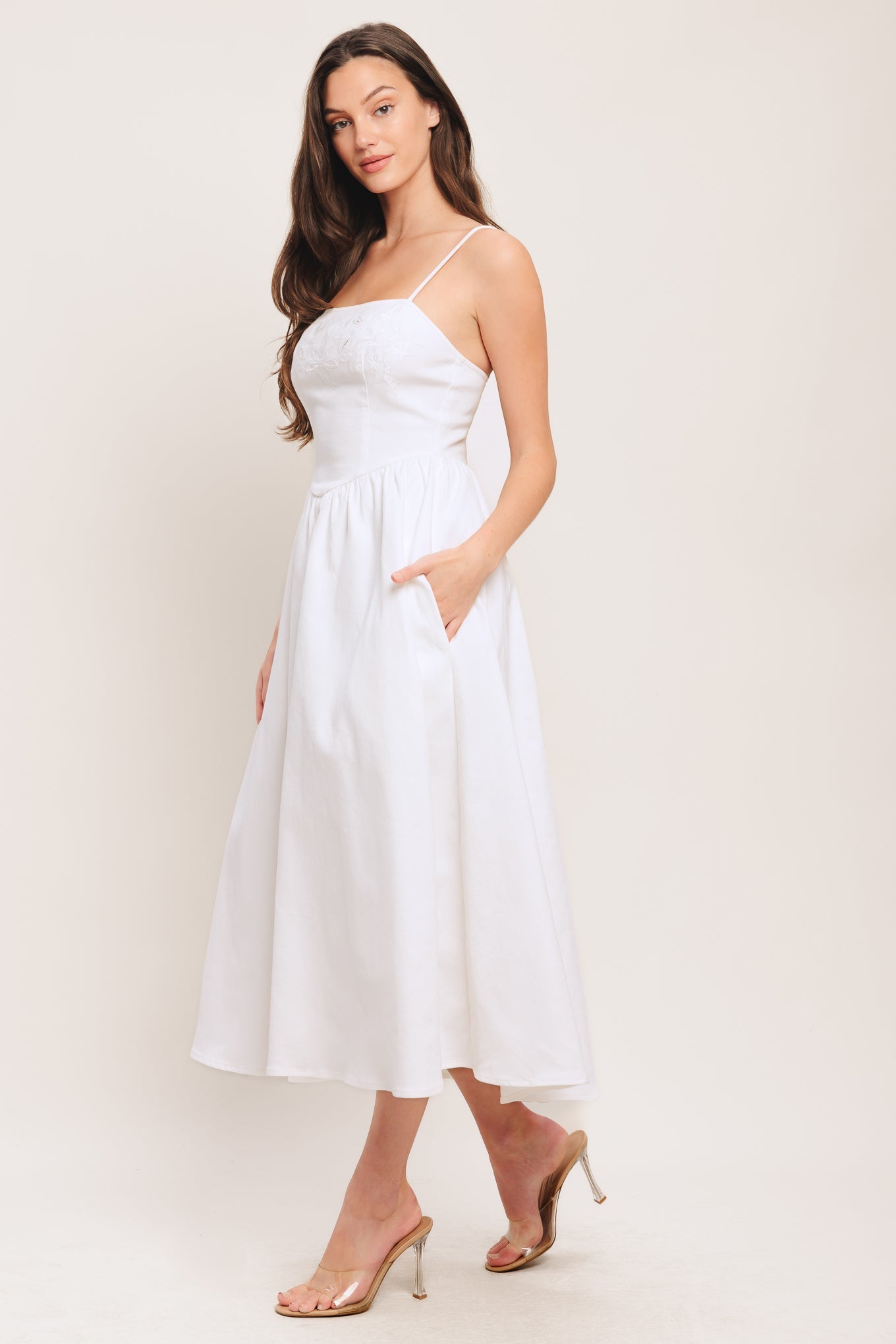 Cloud Petal White Woven Midi Dress With Embroidered Bodice Straps Flying Tomato