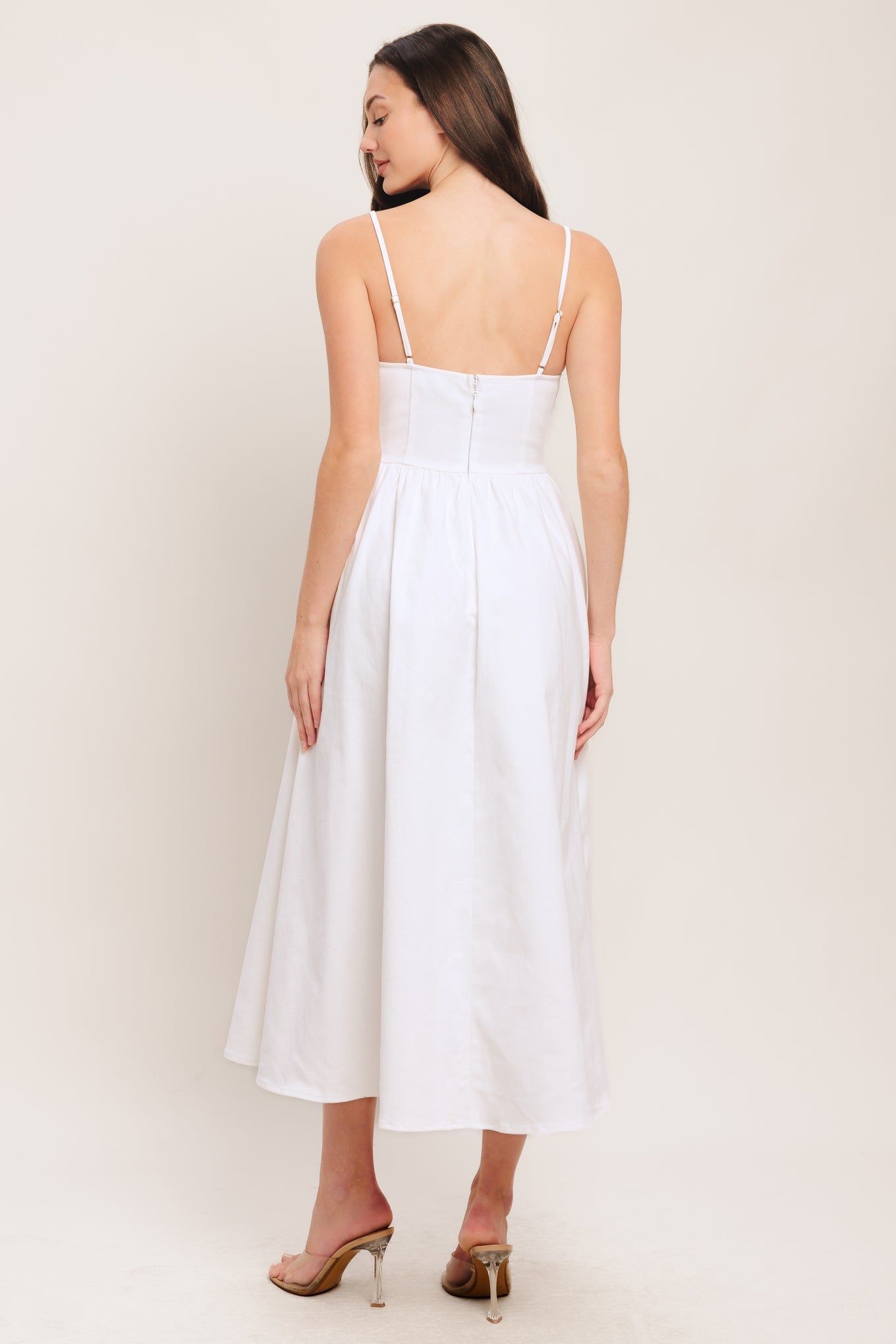 Cloud Petal White Woven Midi Dress With Embroidered Bodice Straps Flying Tomato